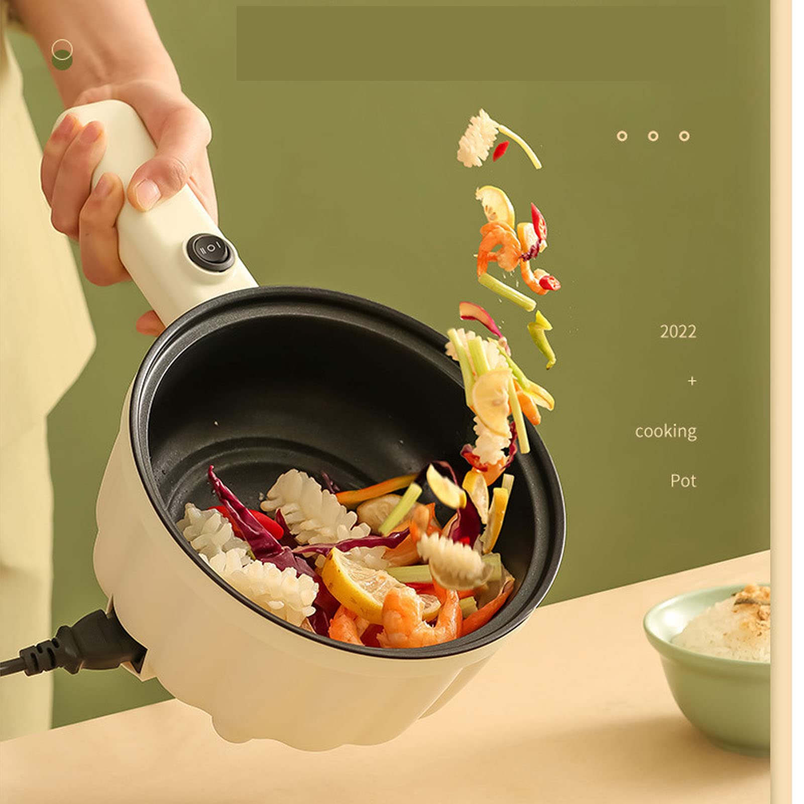 Cuisson à la Vapeur, ébullition Et Cuisson Hot Pot électrique | Cuisinière électrique Multifonctionnelle Avec Poêle Antiadhésive à Long Manche(Blanc)
