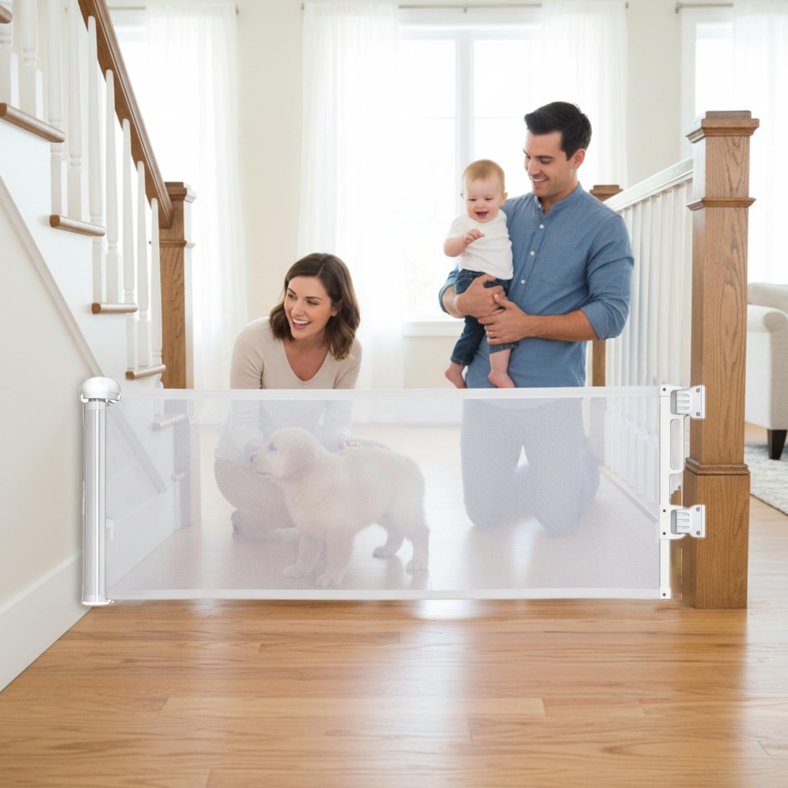 Rejilla extensible para mascotas, 45 x 150 cm, de seguridad con barrera protectora, extensible para perros, para puertas interiores/exteriores con seguridad infantil y protección para