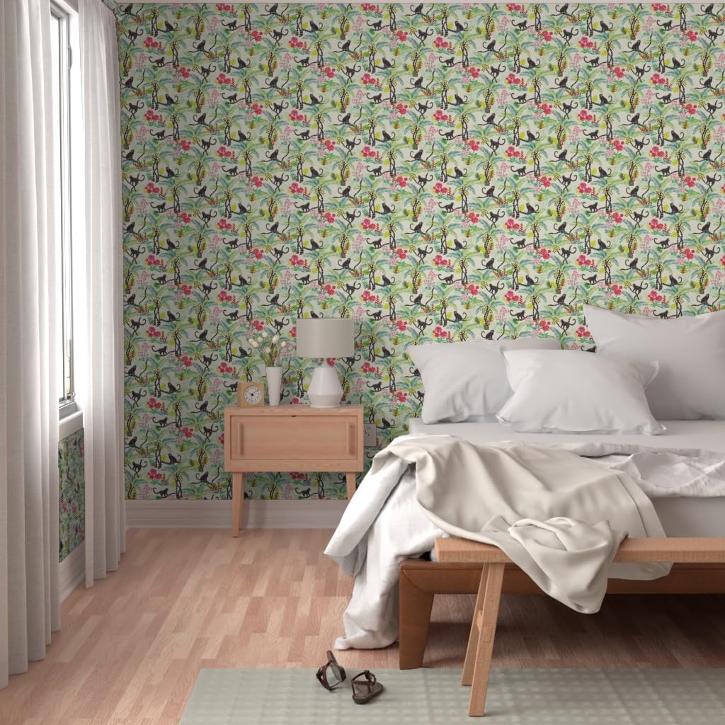 Peel & Stick Wallpaper 3ft x 2ft - Tropical Monkeys Floral Trees Animals Monkey Summer Custom Removable Wallpaper by Spoonflower