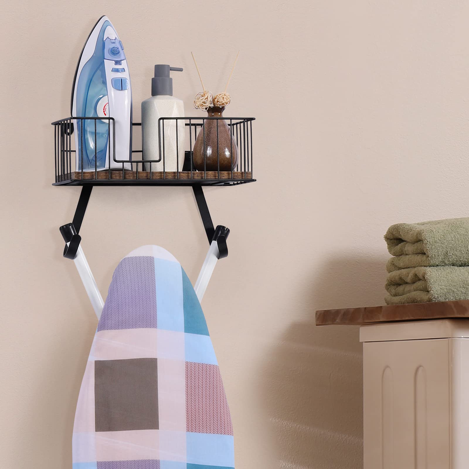 Ironing Board Hanger Wall Mount Iron Accessories Hanger with Shelf Laundry Room Iron Board Wall Adjustable Iron Board Holder for T & Y Leg Ironing Board Organizer with Storage Basket for Home, Black