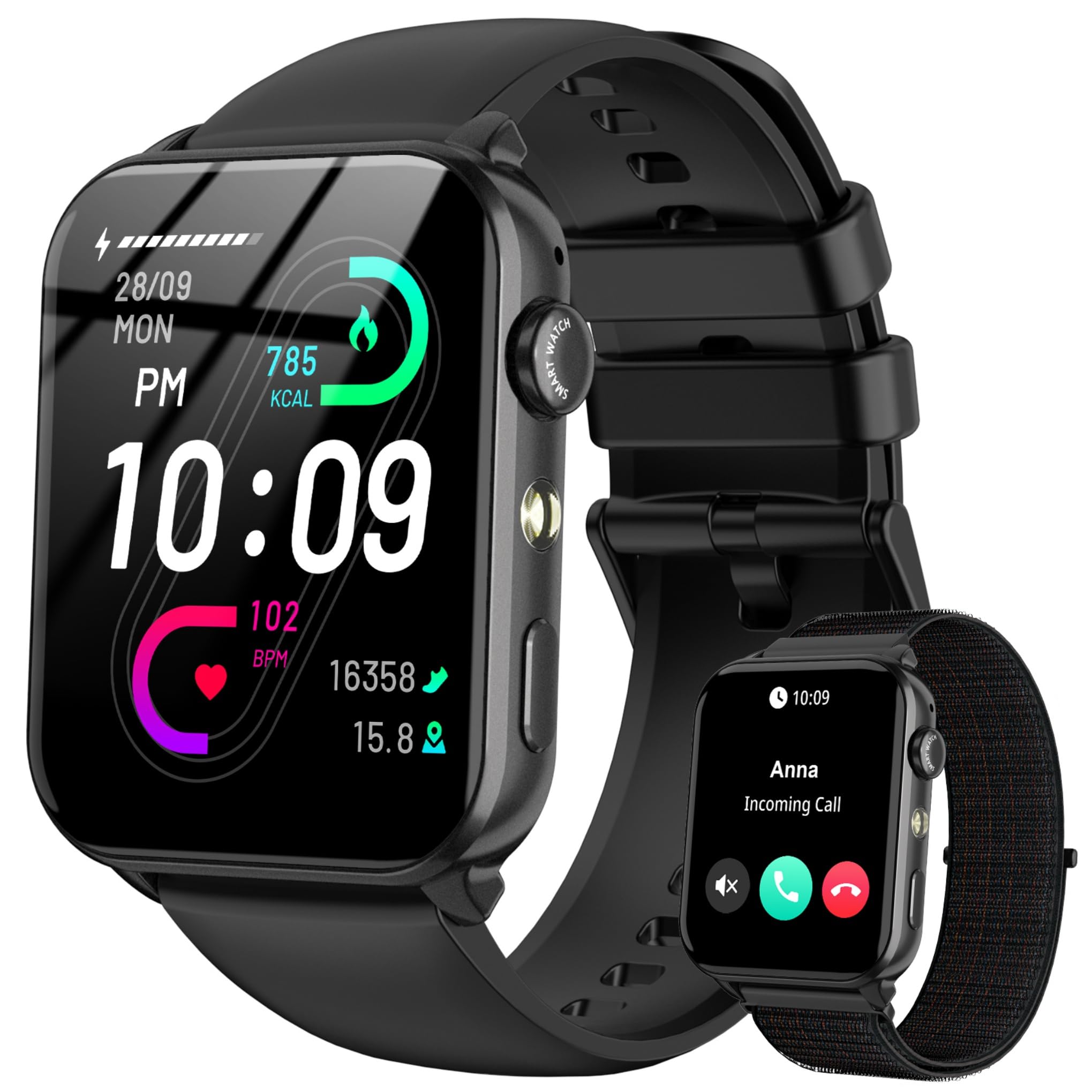 IOWODO Reloj Inteligente Hombre Mujer, Smartwatch Mujer con 2 Correas,1.91" Reloj Deporte con Funciún Llamadas y Whatsapp Mensajes Bluetooth,100 Modos Deporte para iOS Android Teléfono (Negro) Carbonfree Certified The Forest Stewardship Council