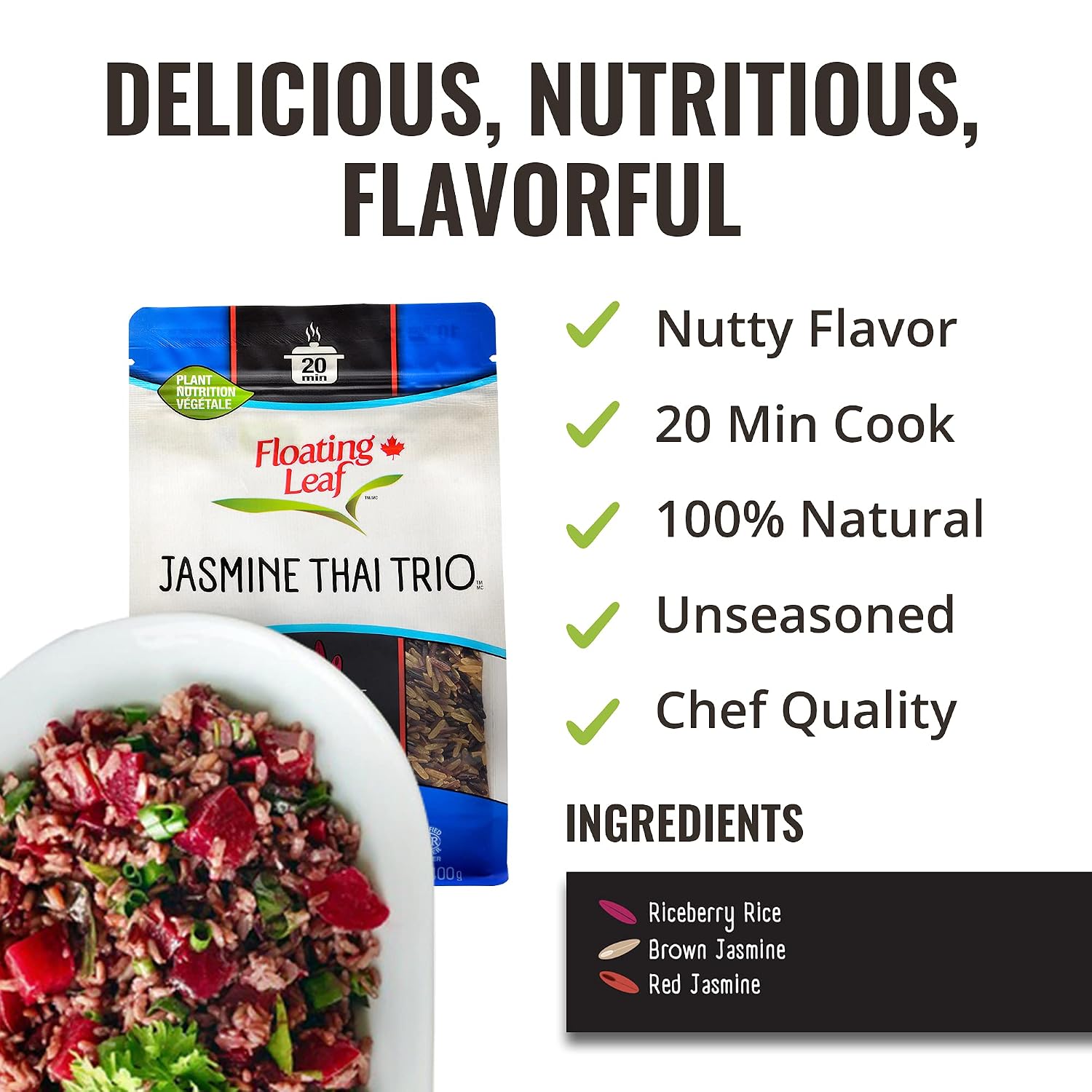 Floating Leaf Wild Rice Blend - Non-GMO & Gluten Free Rice | Jasmine Thai Rice Trio blended with Riceberry Rice, Brown Rice & Red Rice (Pack of 1) 14 oz | Vegan & Kosher Wild Rice Blend image 4