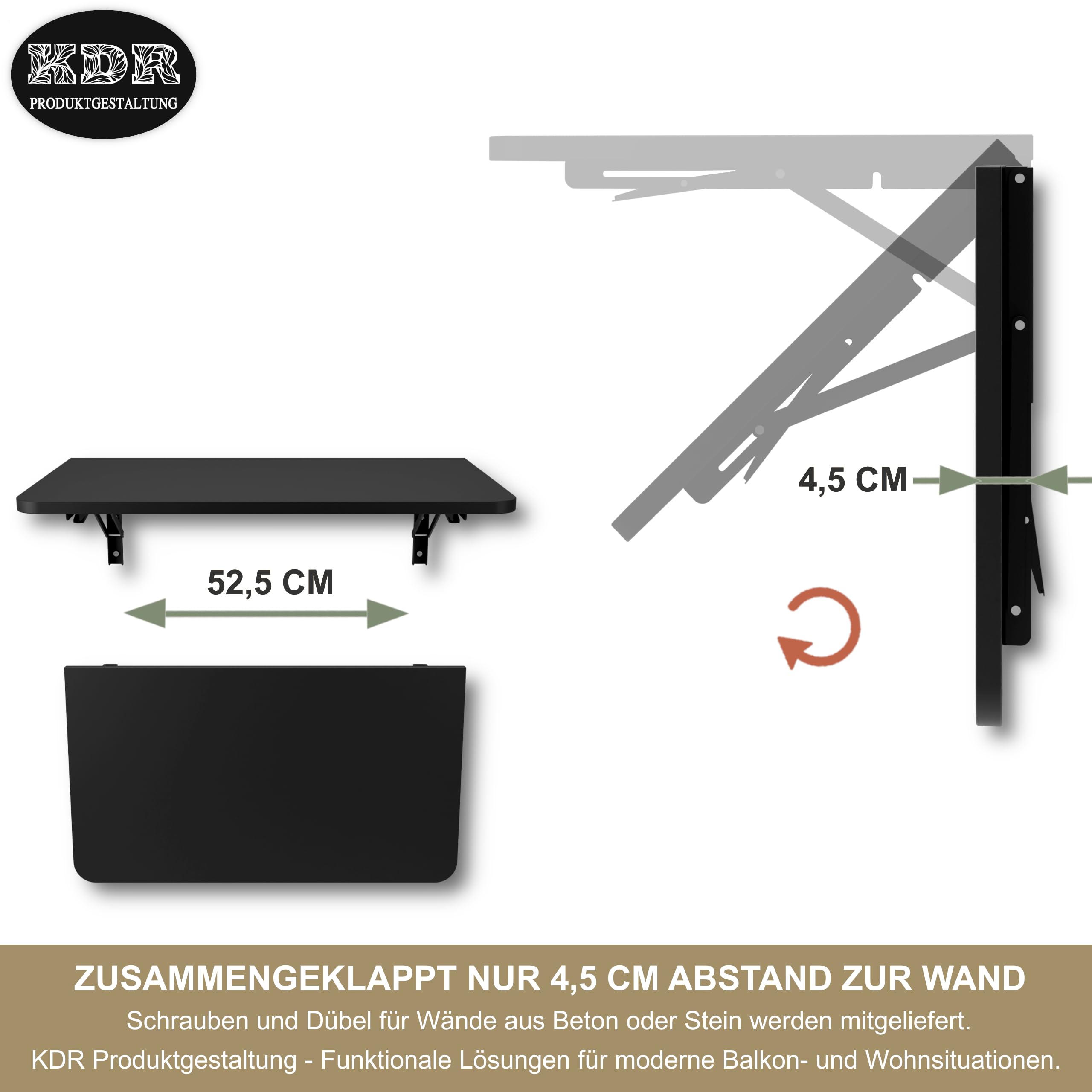 KDR Wandklapptisch 70x40 cm Schwarz mit abgerundeten Ecken – Klappbarer Tisch zur Wandmontage – als Esstisch, Schreibtisch, Küchentisch oder Arbeitsplatz – Platzsparend & vielseitig einsetzbar