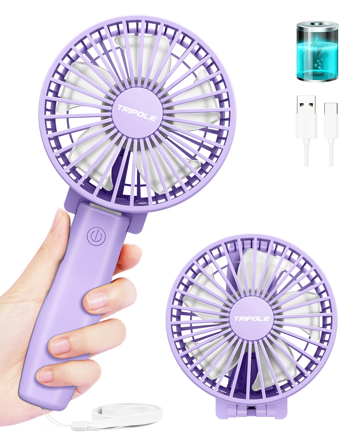 TriPole Handheld Fan Rechargeable Battery Operated Foldable USB Fan, Personal Pocket Fans, 3-Speed Mini Handheld Desk Fans, 180° Adjustable Portable Fan for Indoor, Camp, Sport, Shop, Purple — image 1