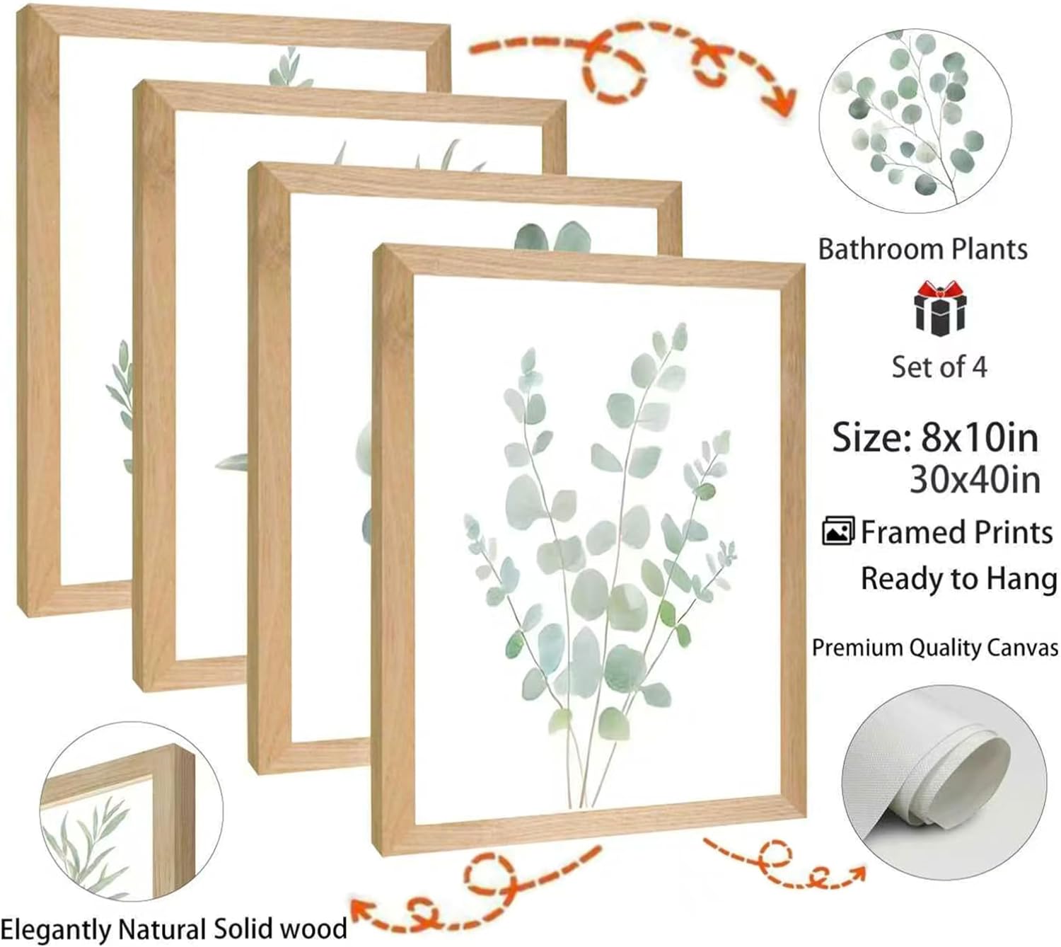 4Pcs Framed Eucalyptus Botanical Canvas Wall Art Sage Green Bathroom Pictures Watercolor Mint Green Plant Leaves Poster Print Modern Minimalist Aesthetics Paintings Wall Decor for Bedroom 12x16in