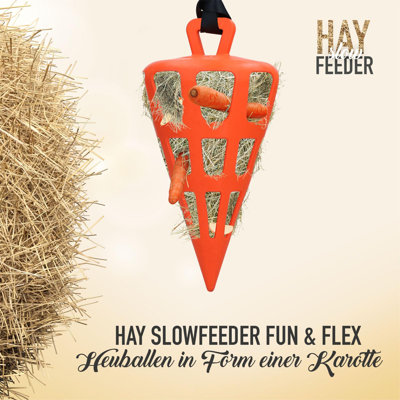 Holland Animal Care Hay Slowfeeder Fun&Flex Wurzel Ø 22 cm - Heunetz für Pferde - Heuraufe Pferd - Geeignet für Weidetiere - Gegen Stallverfall - Bis zu 1 kg Heu - Orange