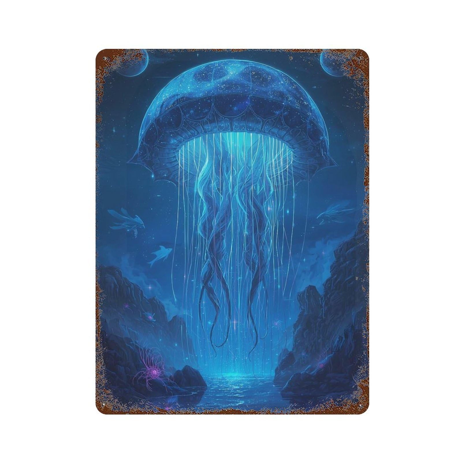 Giant Jellyfish in Alien Landscape Weathered Tin Sign 15.7"x11.8", Ideal for Basement, Hobby Room And Garage Decor