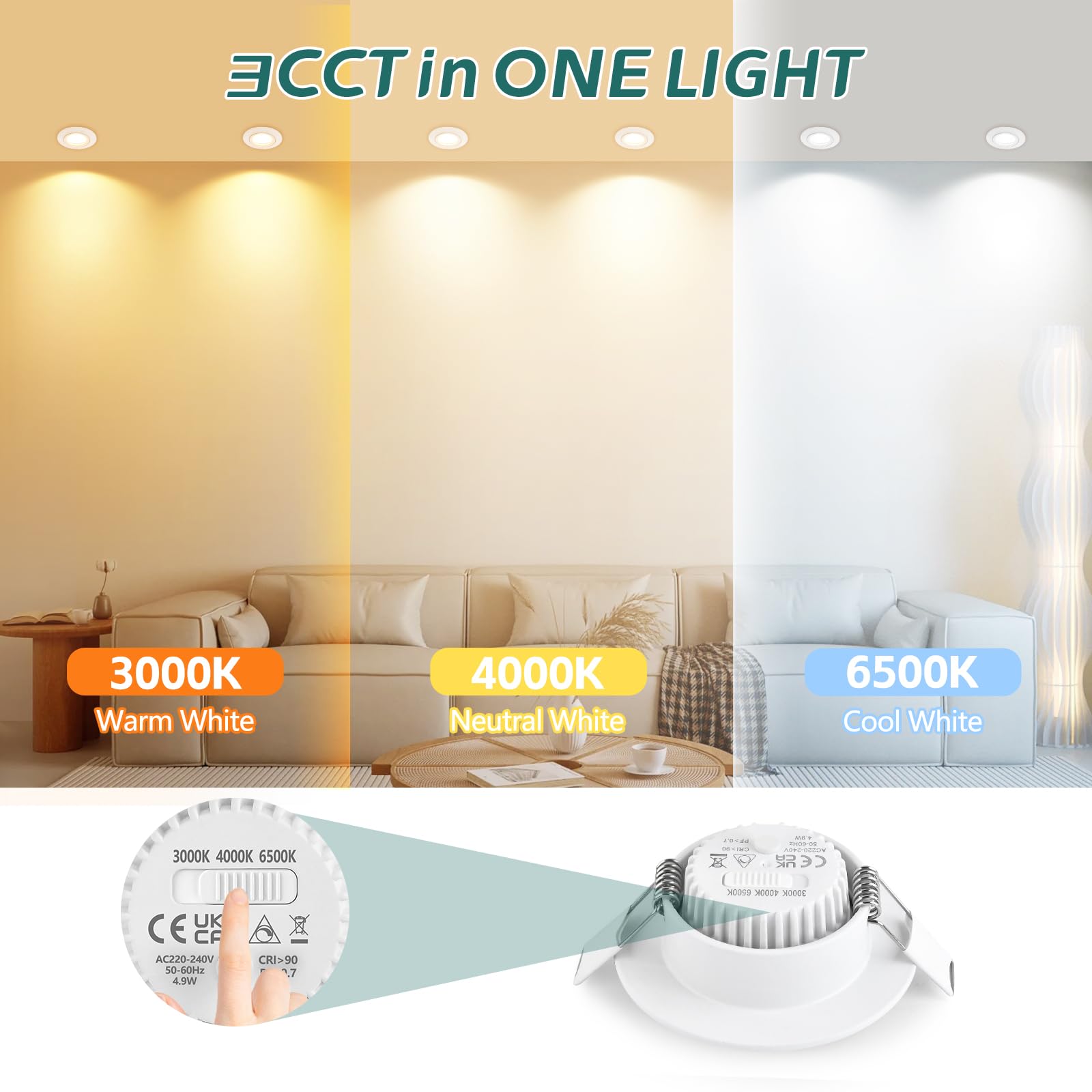 KYOTECH LED Einbaustrahler Dimmbar 230V, 5W 550LM Austauschbare Lichtquelle Deckenspots 3000K/4000K/6500K, LED Spot Flach IP44 Einbauleuchten 60-70mm für Badezimmer, Weiß 6er Set (Nicht Drehbar)
