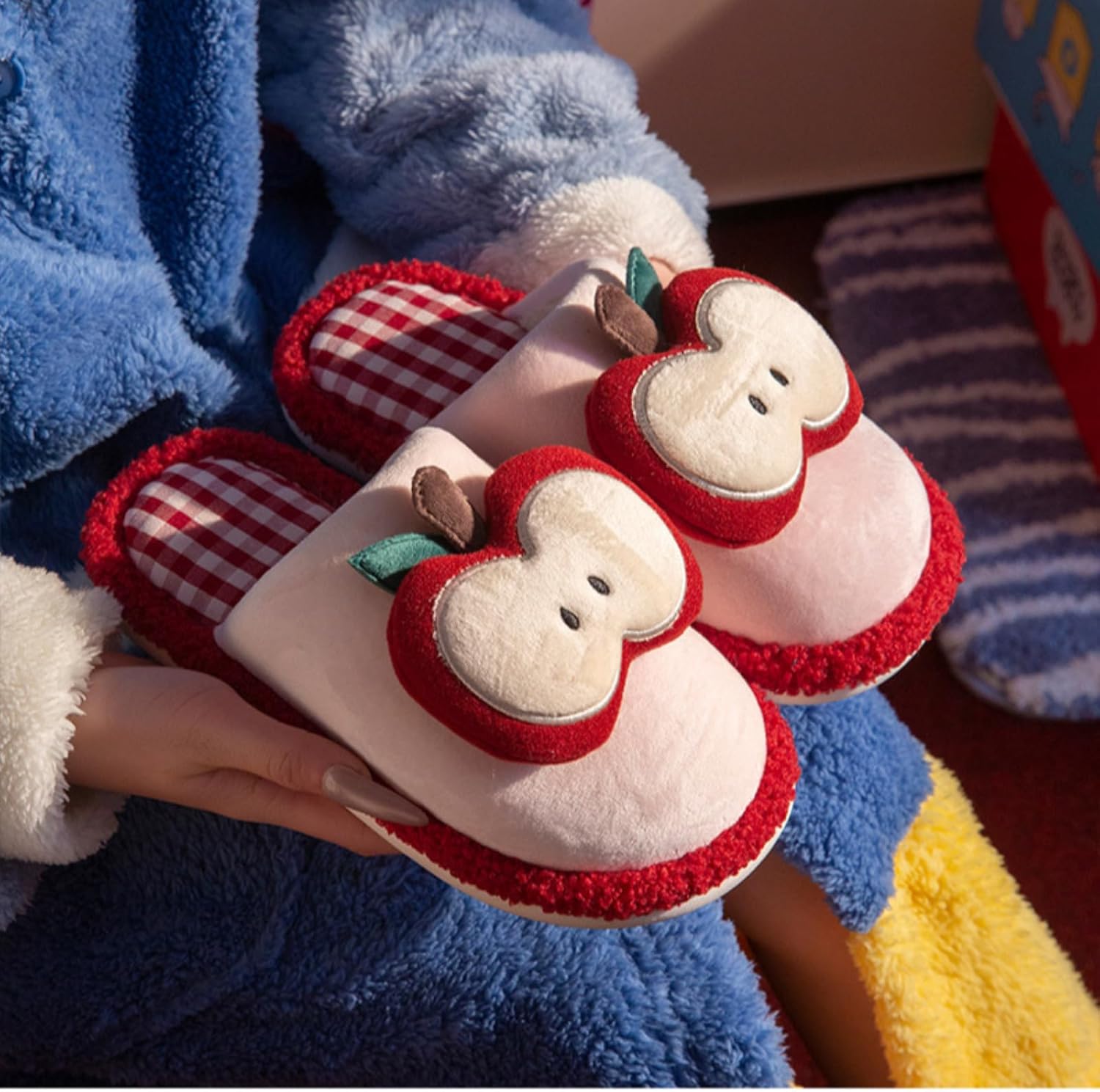Whimsy Twee Plush Slippers for Women Fuzzy Fluffy Funky Apple Print Slippers Whimsical Aesthetic Cozy Warm Shoes - Image 3