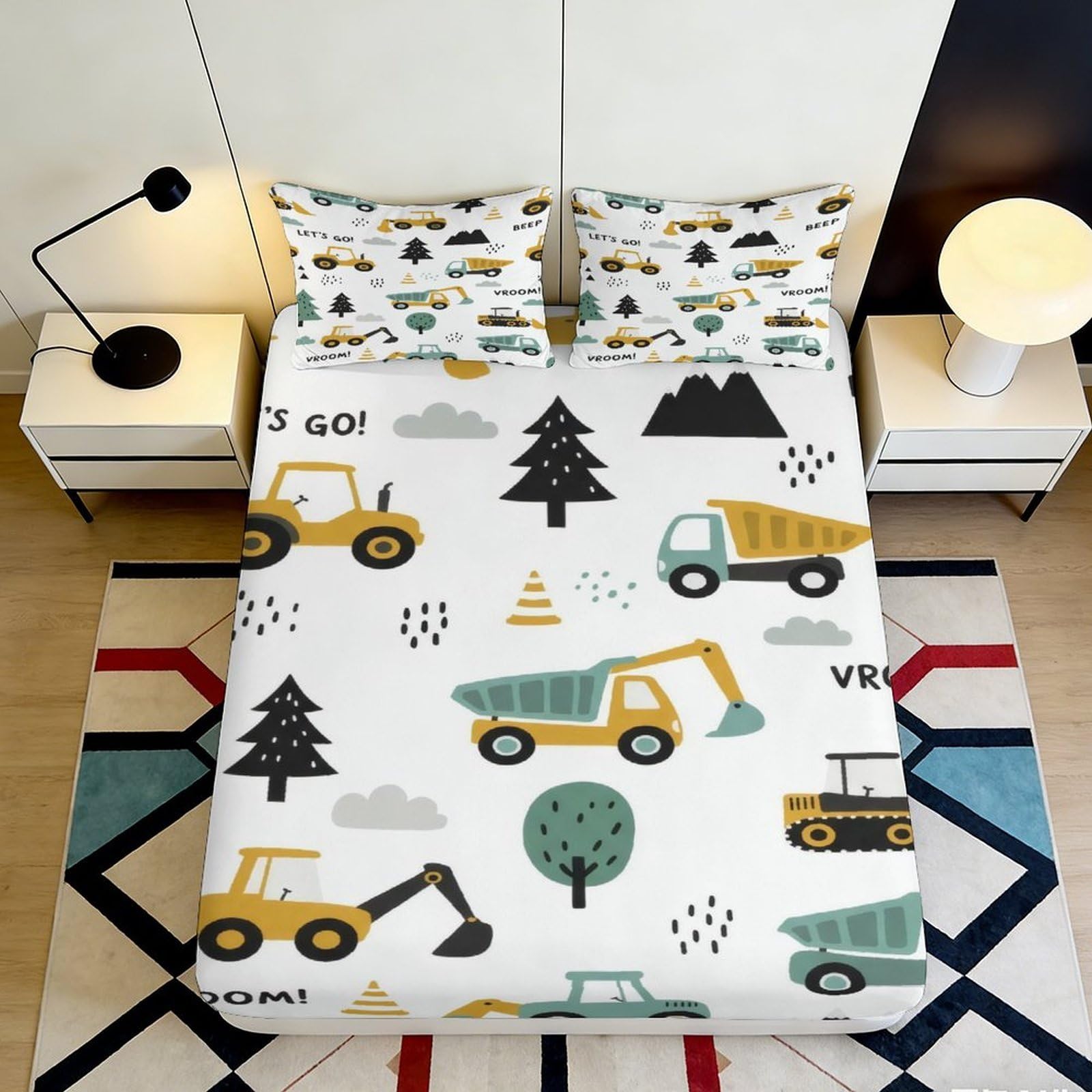 3D Printed Construction Vehicles Fitted Sheet Microfiber Soft Breathable Excavator Bed Sheet for Bedroom Dorm Decor 90x200x25cm