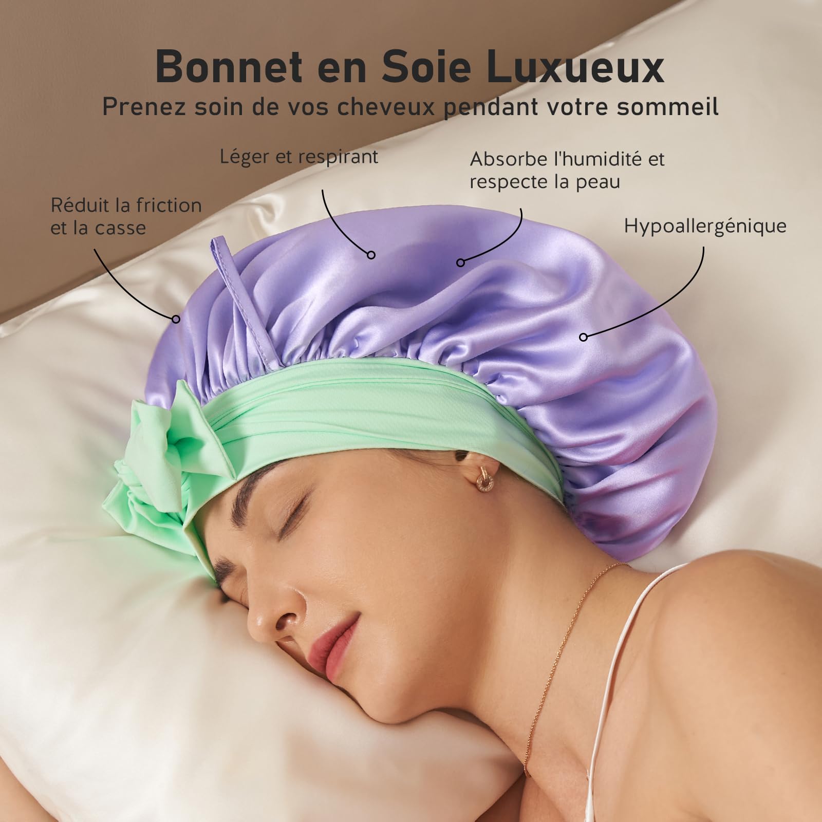LitBear Bonnet de Nuit 100% Soie Mûrier pour Femmes, 6A 22 Momme, Grand Cache-Cheveux en Soie à Double Couche avec Bande à Nouer, Turban en Soie Antidérapant