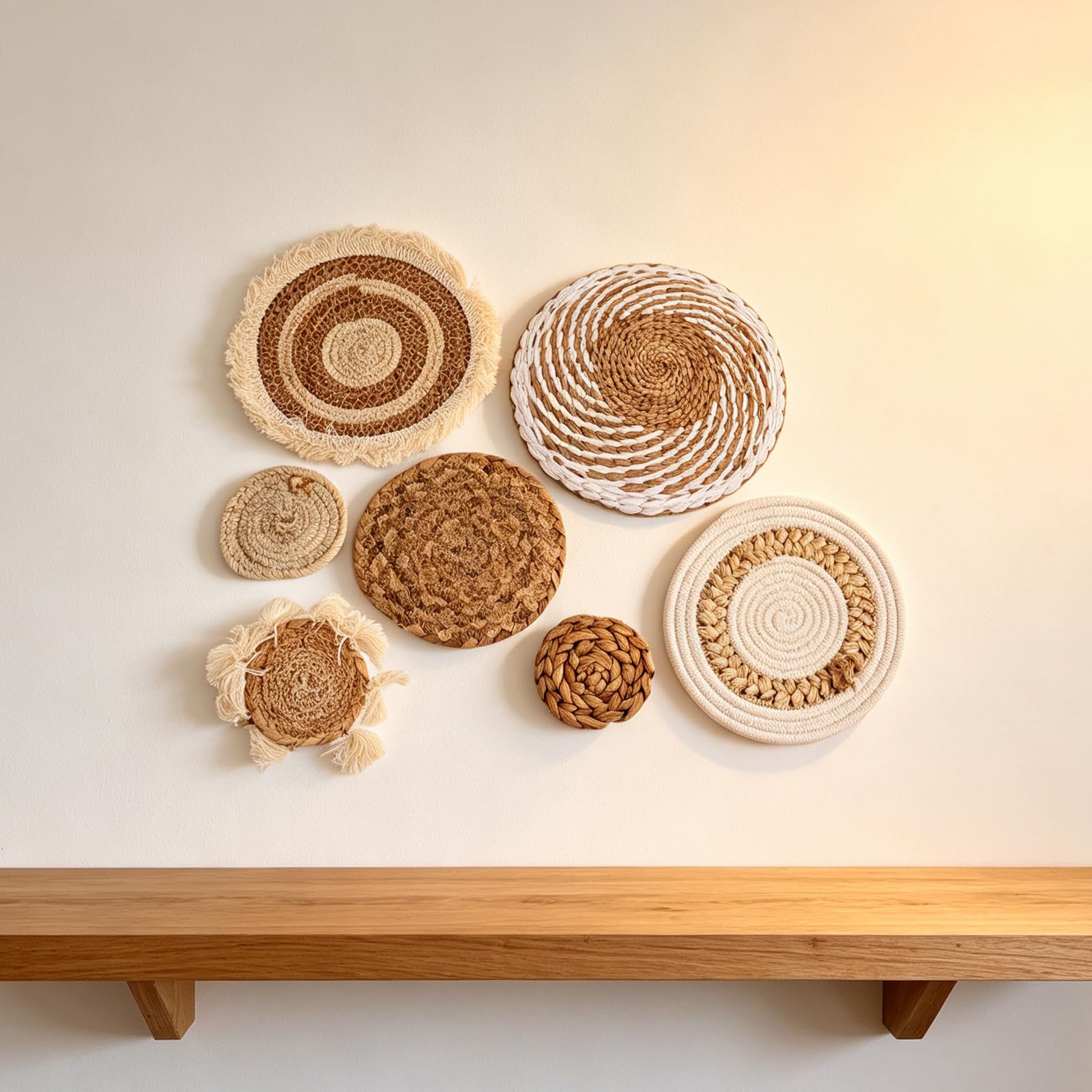 STOBAZA 7 Piezas Decoración de Pared Circular Boho Hecha a Mano de Ratán Beige para Sala de Estar Estilo Farmhouse Rústico y Bohemio