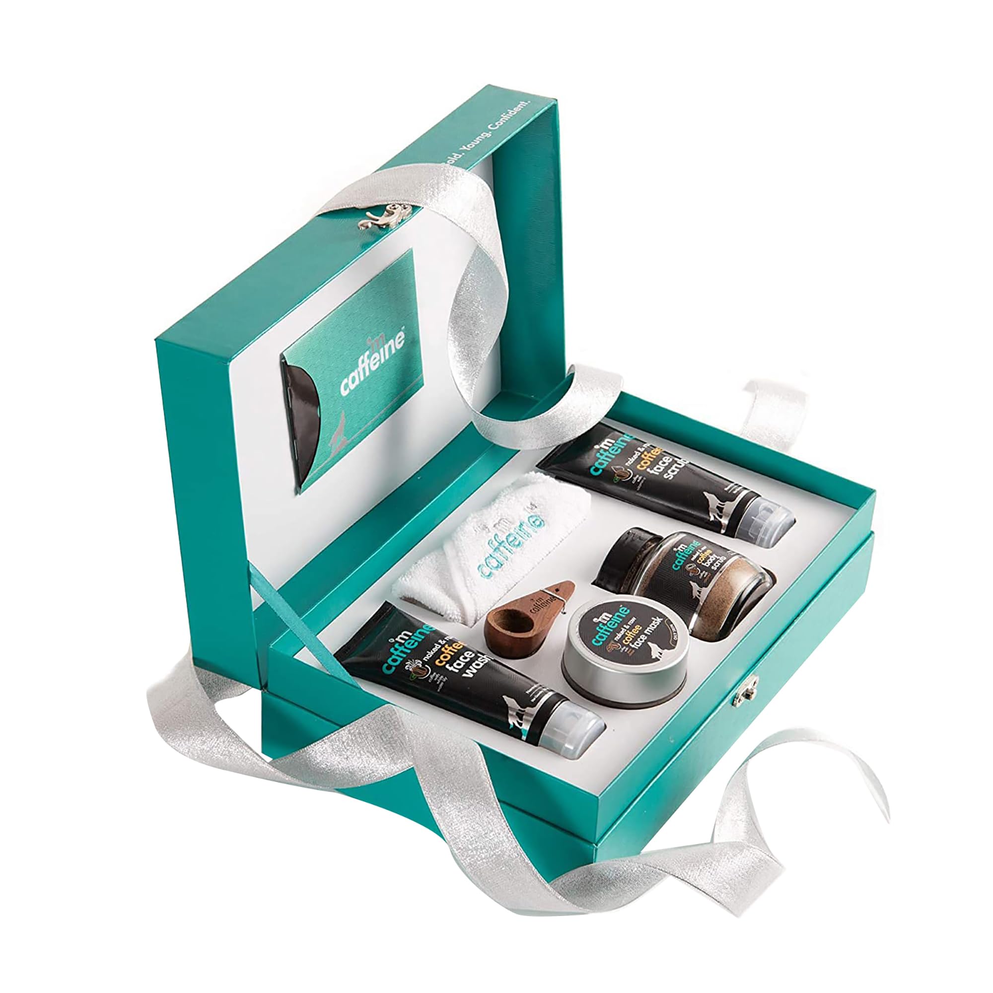 mCaffeine Coffee Mood Skin Care Gift Kit - Personal Care Products - Coffee Face Wash, Mask and Scrub, Body Scrub, Brew Scoop, Towel - 6 pc