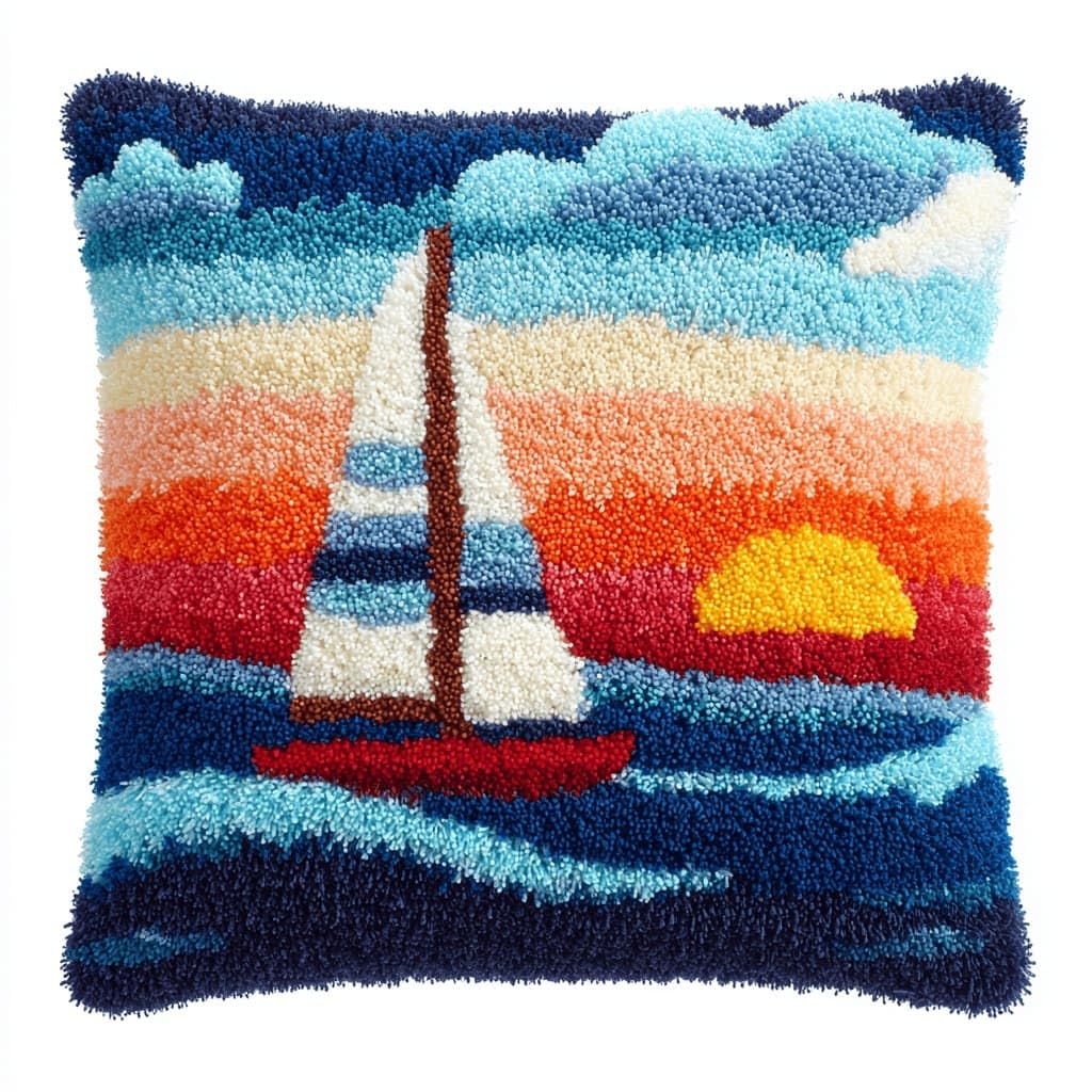 AxiangziK Latch Hook Cushion Kits,Sailboat DIY Needlework Pillow Cover Cushion Rug Making Kit,17X17Inch Handmade Embroidery Kits, Decorative Throw Pillow Cover for Sofa Cushions, Bedroom Decor