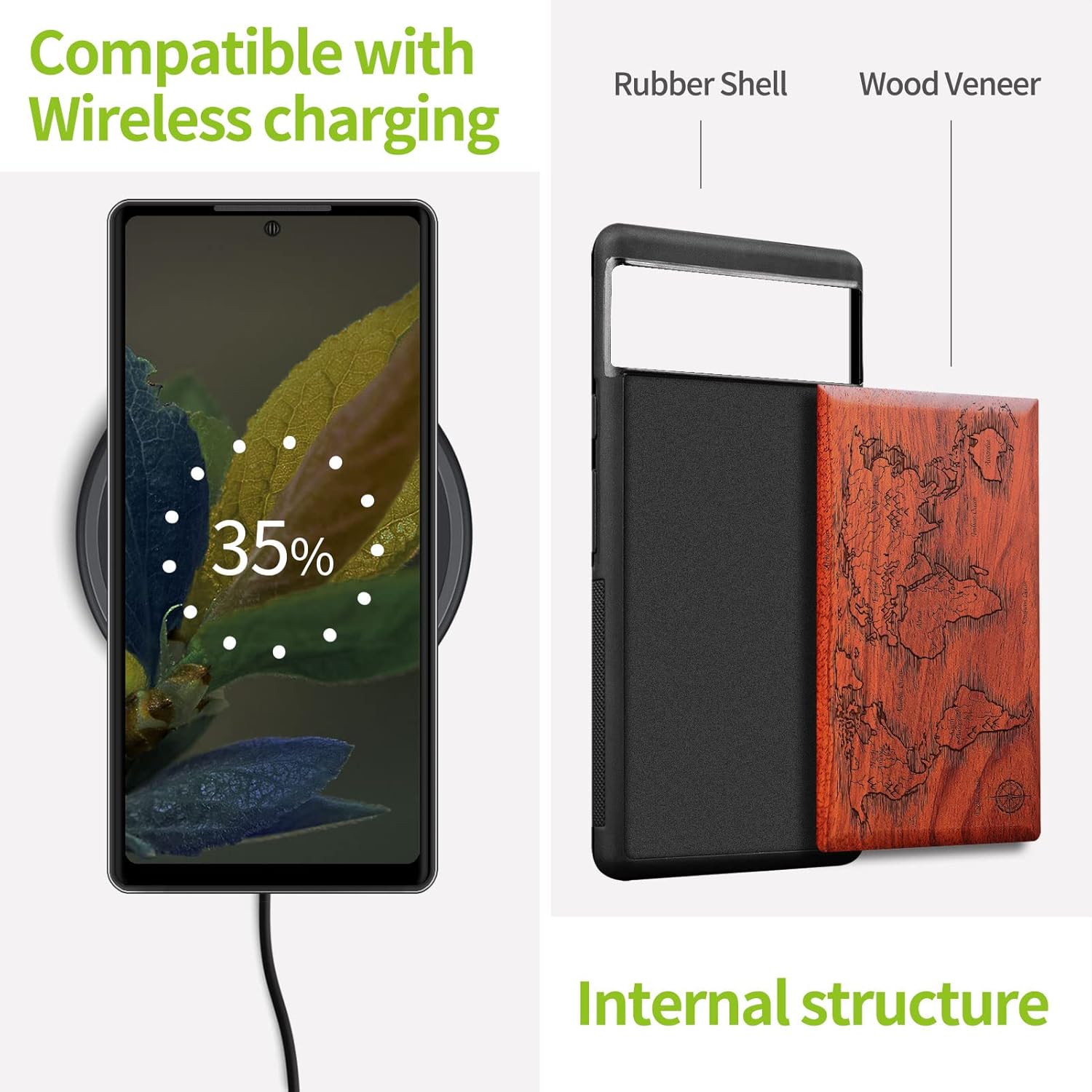 Carveit Wood Case for Pixel 6a Case [Natural Wood & Black Soft TPU] Shockproof Protective Unique & Classy Wooden Cover Compatible with Google Pixel 6a (Compass Maps-Rosy)