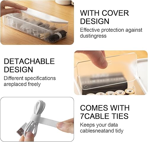 Miniatura 4 de Caja organizadora de cables con 7 bridas de alambre y 6 clips magnéticos para cables, caja de gestión de cables de escritorio con divisores y tapa