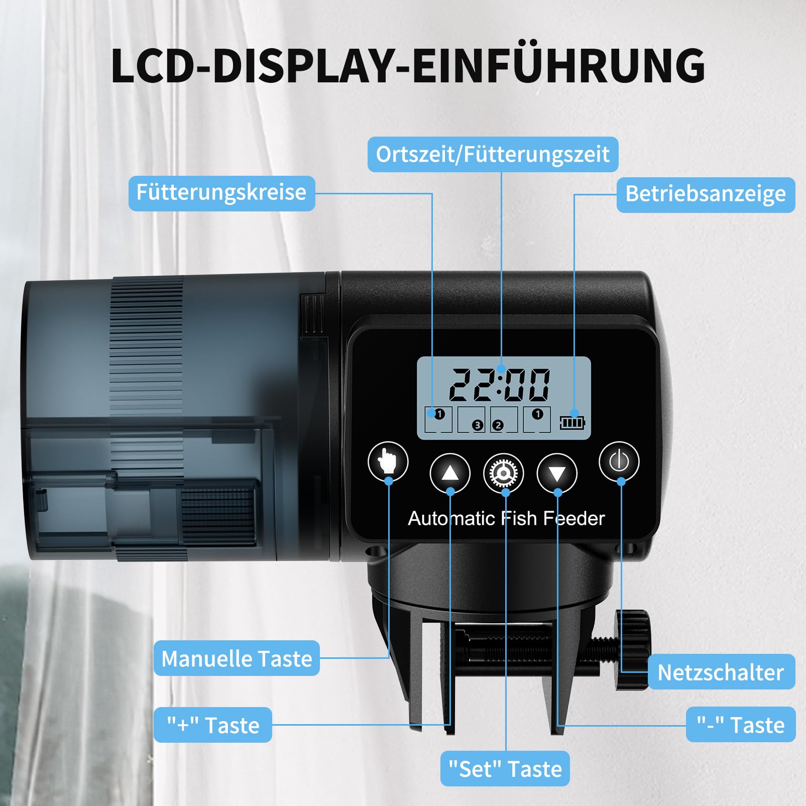 Mangiatoia Automatica Acquario 200ML Distributore Cibo Pesci con Display LCD Programmabile