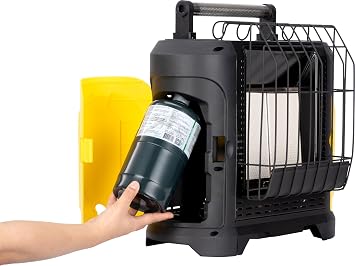Portable 10000 BTU Propane Heater, Indoor Outdoor Use, Ideal for Patio, Garage, Camping, Tent Heating, Tabletop or Fire Pit, Black/Yellow