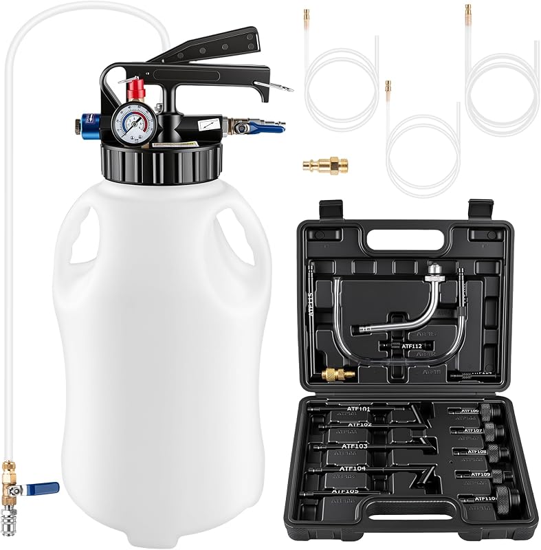 10L Transmission Fluid Pump 2 Way ATF Refill Dispenser, Pneumatic Oil Fluid Extractor & Transfer Pump with 15 Pieces ATF Adapters, Pressure Gauge & 4 Hoses for Automotive Oil Change