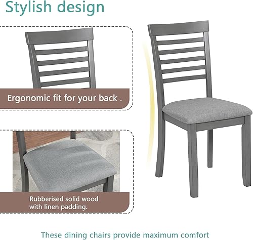 Miniatura 5 de Juego de mesa de comedor de 5 piezas estilo granja, mesa de cocina rectangular con 4 sillas tapizadas, juego de mesa de comedor rústica de 5 piezas