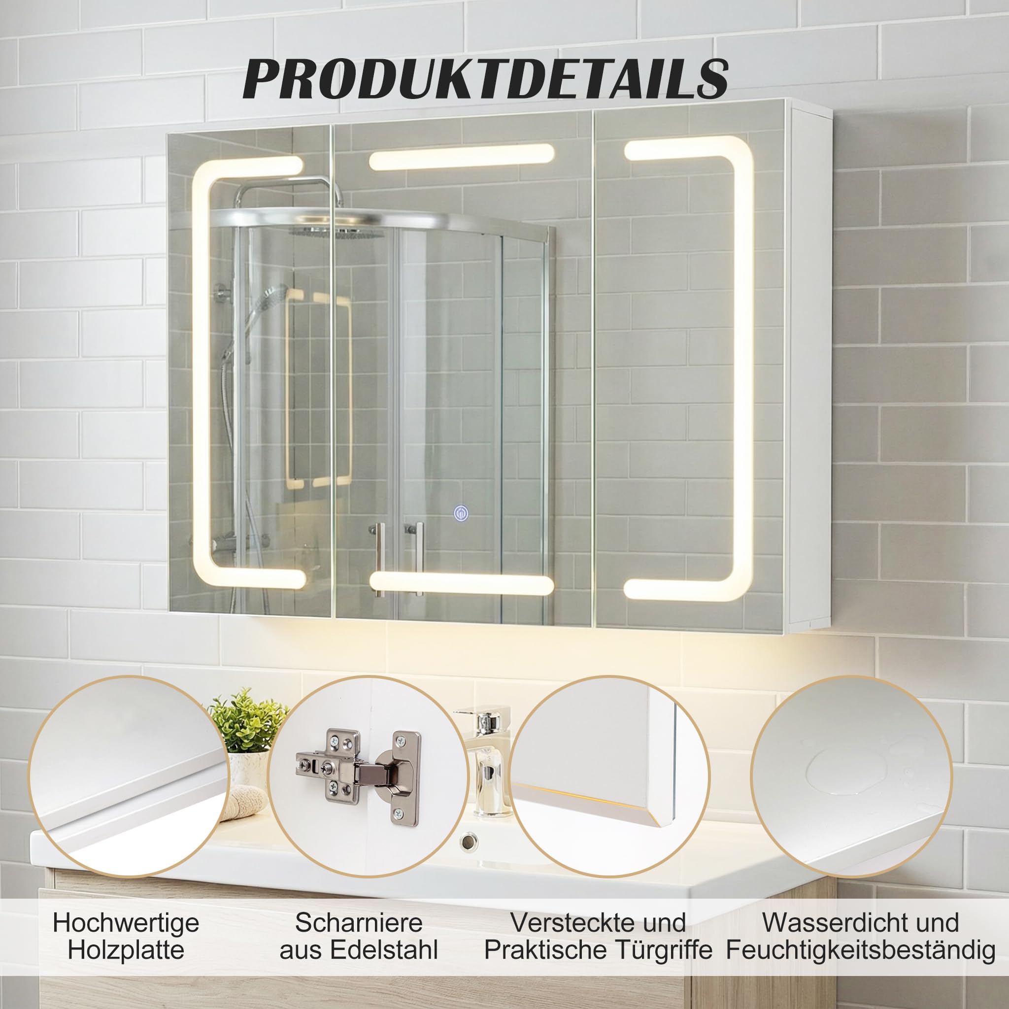 Thanaddo Spiegelschrank Bad mit LED Beleuchtung 80x60cm, Badezimmerschrank mit 6 Regal 3 Tür, Badschrank mit LED Badspiegel, 3 Farben Dimmbar