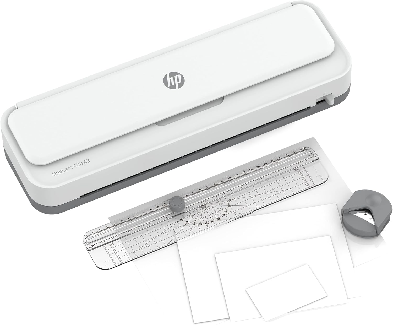 HP OneLam 400 A3 Laminator with included cutting ruler, corner router, and laminating pouches