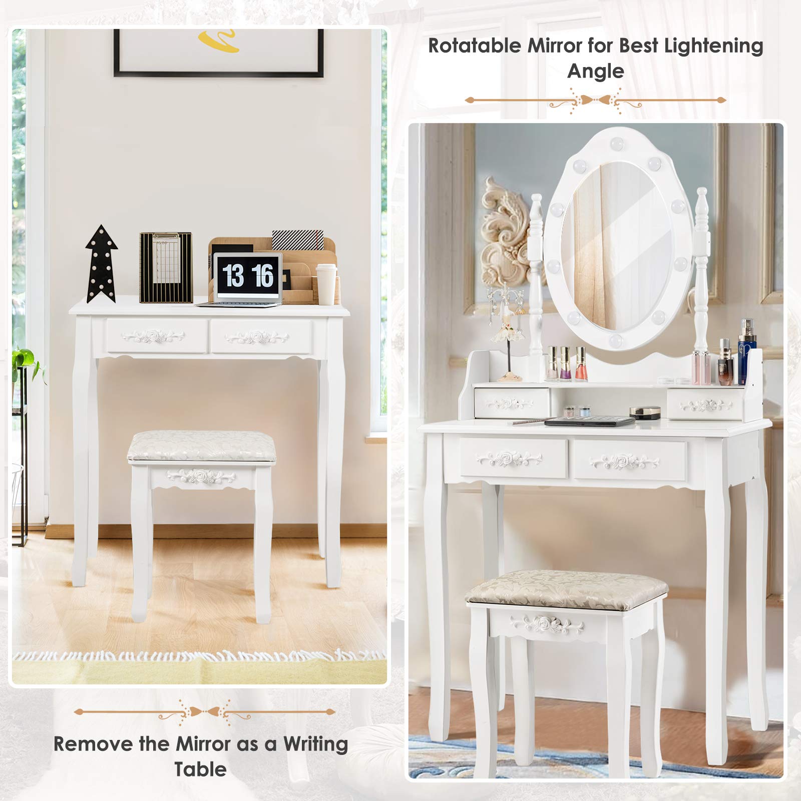 RELAX4LIFE Toeletta Trucco con Luci, Postazione Trucco con Sgabello e Specchio Girevole a 360°, Luminosità Regolabile, Tavolo da Trucco per Camera da Letto (Bianco, 75 x 40 x 146cm)