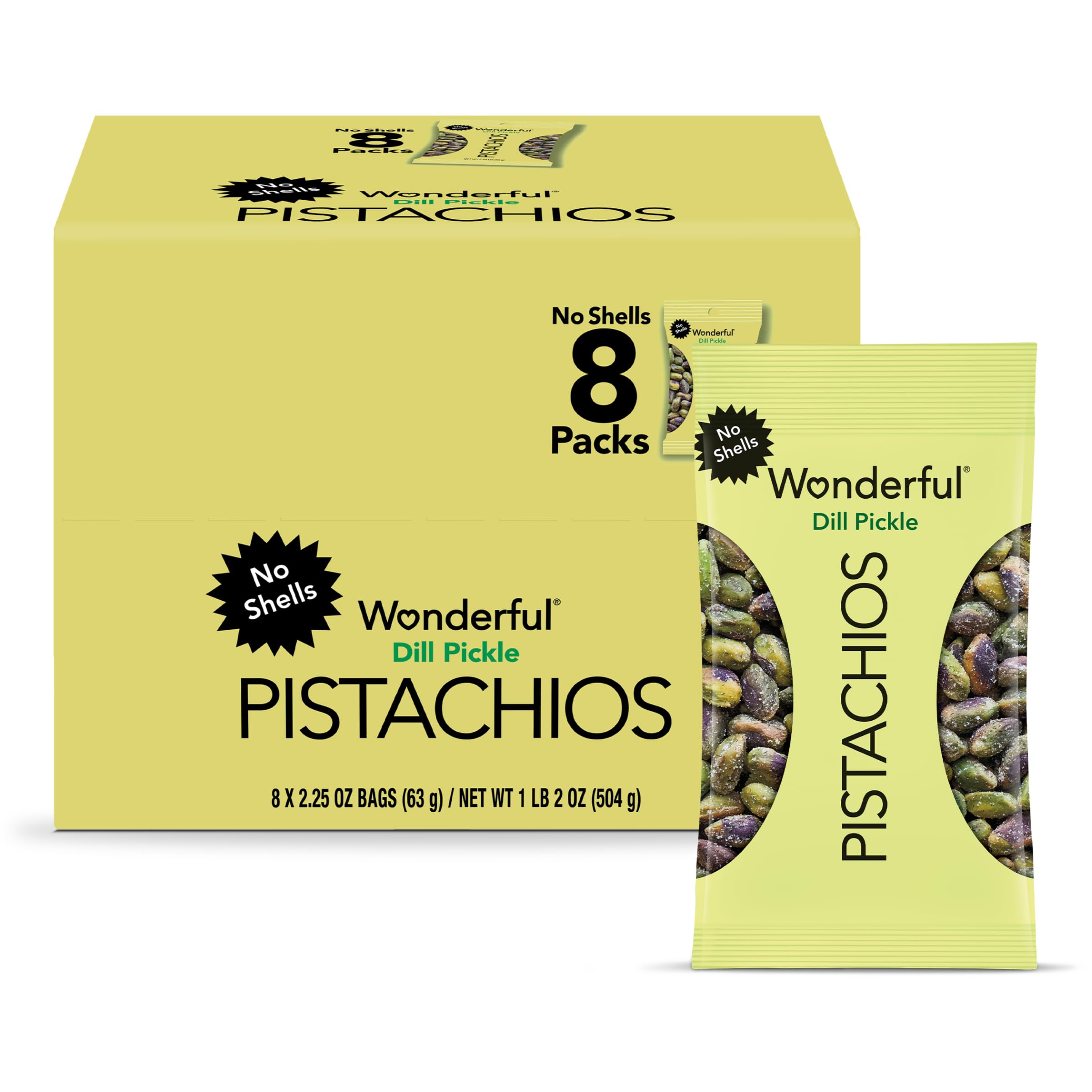 Wonderful Pistachios No Shells, Dill Pickle Flavored Nuts, 2.25 Ounce Bag (Pack of 8), Dill Pickle Snacks, Healthy Snack, Travel Snacks