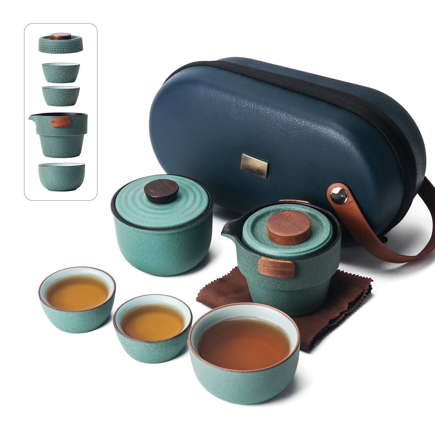 Przenośny zestaw czajniczek, przenośny zestaw do herbaty Kung Fu, mini podróżny chiński ceramiczny czajniczek z 3 filiżankami, pojemnikiem na herbatę i torbą do przenoszenia, idealny na