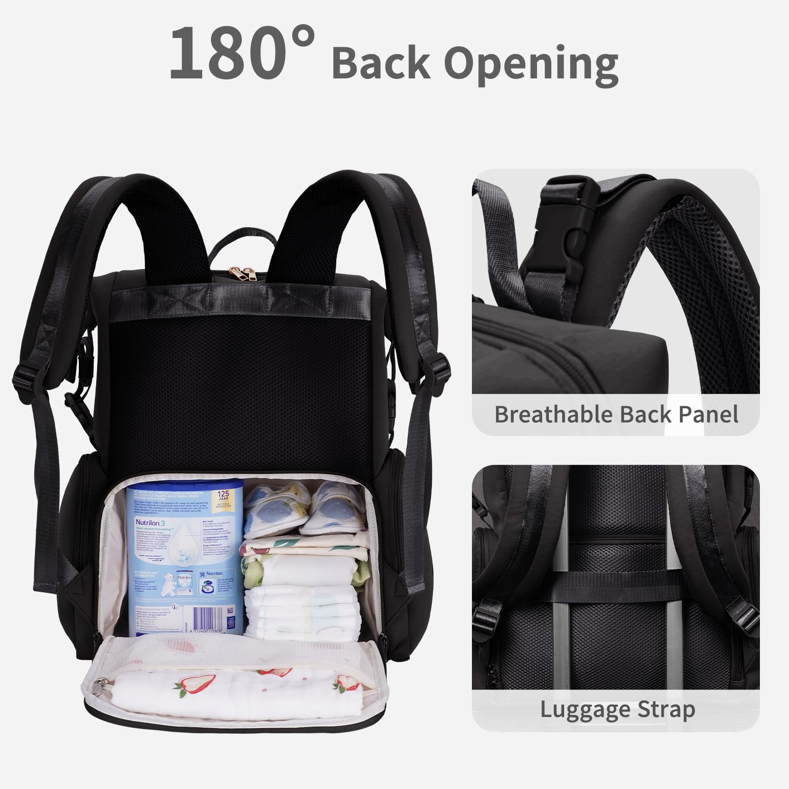 CEI-CEI Sac à Dos à Langer Bébé Grande Capacité à Large Ouverture, Poches Isothermes pour Biberon, Matelas à Langer Portable Inclus, Néoprène Résistant à l’Eau, Noir