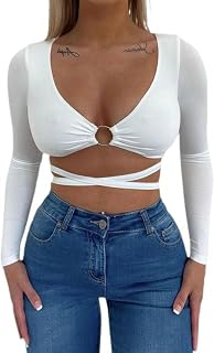 OKGD Camiseta de manga larga con cuello en V para mujer, sexy, con anillo hueco, para el ombligo, con lazo, para la calle
