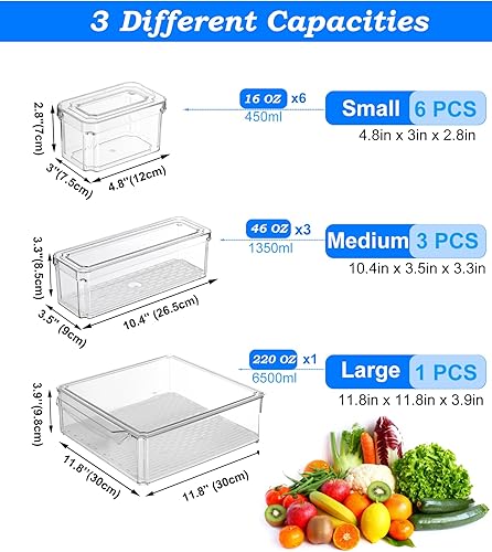 Miniatura 3 de Paquete de 10 contenedores organizadores transparentes para refrigerador con tapas, contenedores apilables para refrigerador, sin BPA con bandeja de