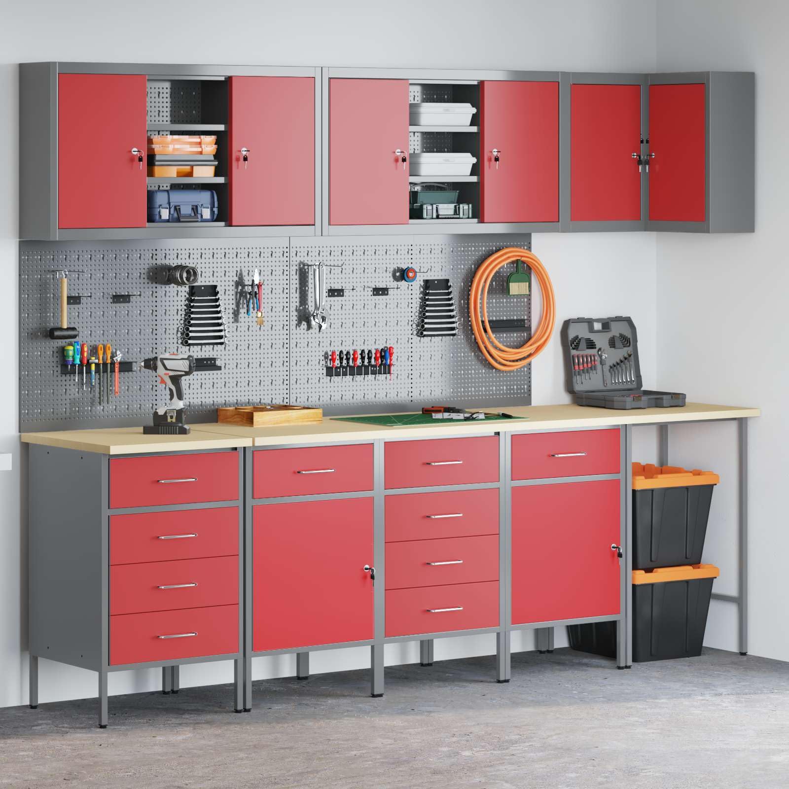 Arbeitsschrankset mit Schubladen und Regal 12-teilig rot grau pulverbeschichteter Stahl Engineering-Holz 255x55x220 cm mit Werkzeughalter Haken Wandmontage für Werkstatt Ordnung