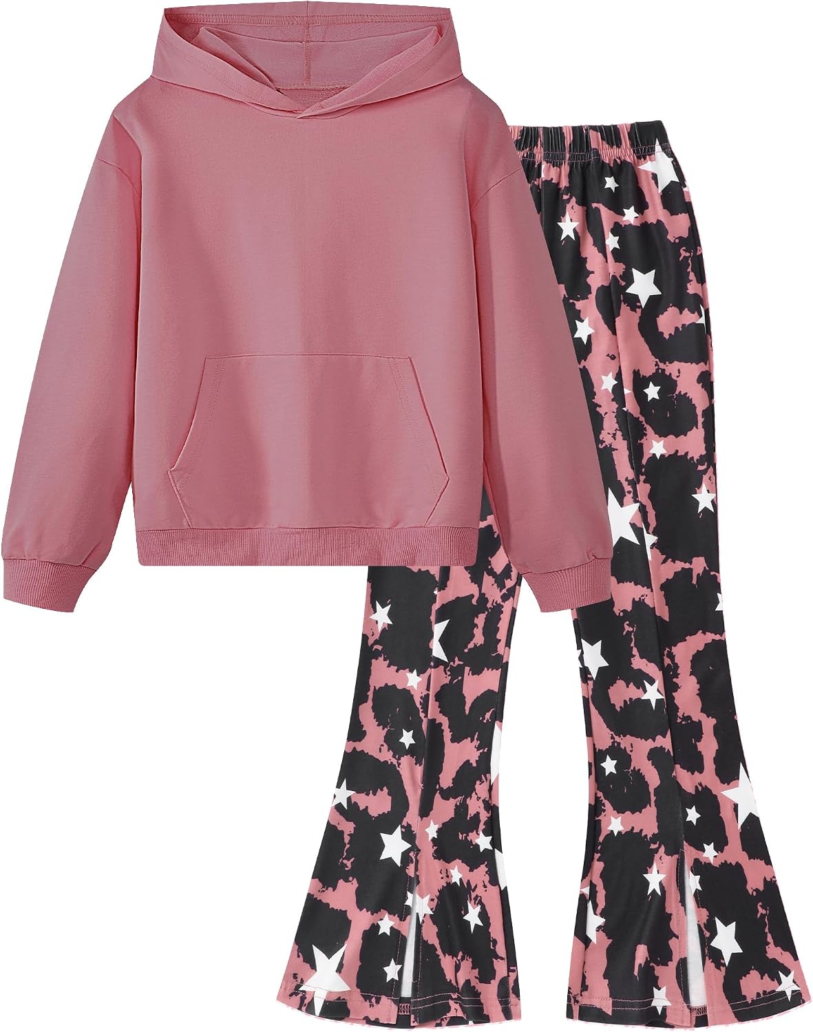 Hipea Girls Clothes 2 Piece Hoodie Kangaroo Pocket Long Sleeve Sweatshirt Print Flare Pants Girl Fall Outfits Size 6-14Y