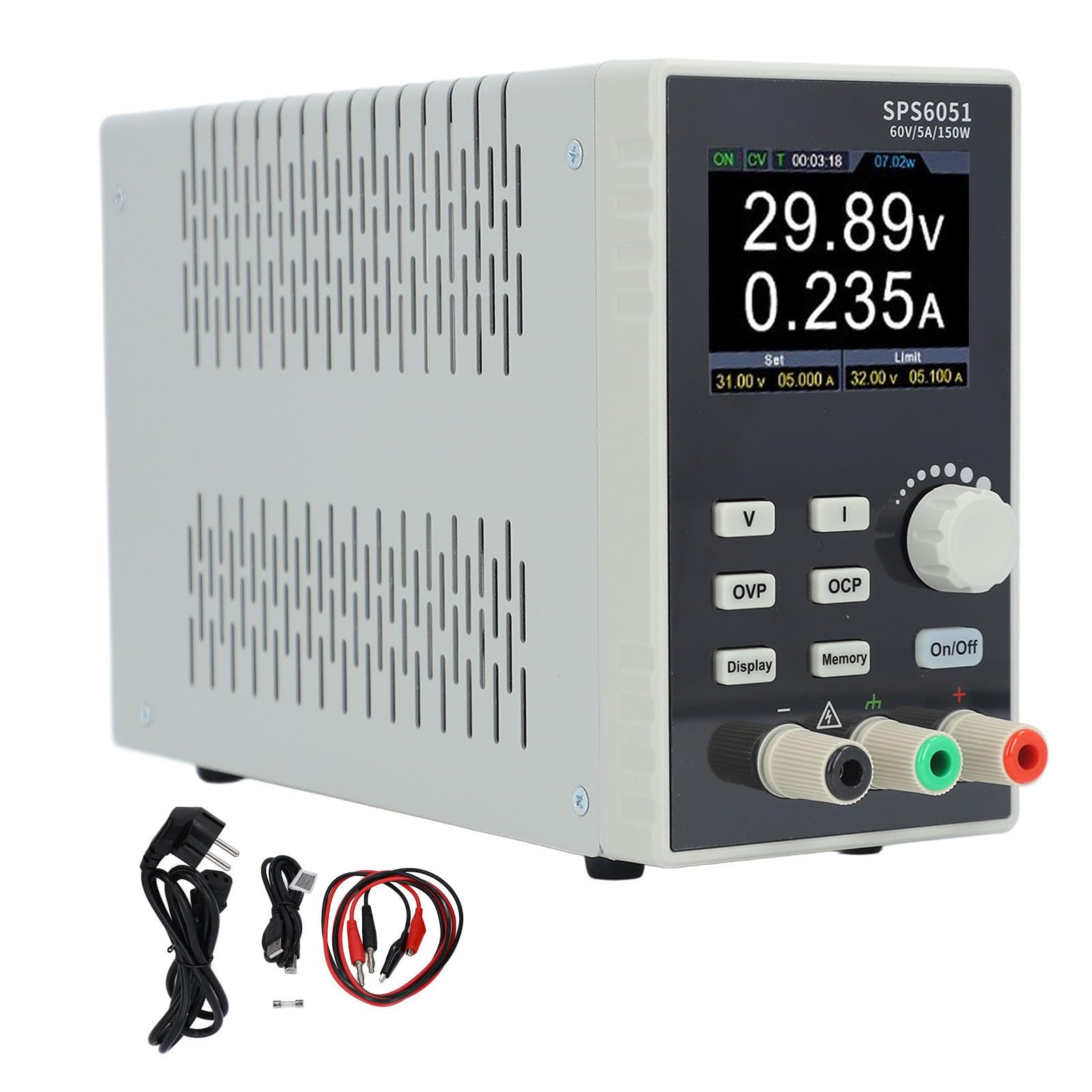 CHICIRIS Zasilacz Prądu Stałego, Programowalny Zasilacz Laboratoryjny Bez Wentylatora 60 V 5 A 150 W, Wyświetlacz LCD 2,8 Cala Interfejs USB do Testowania Elektronicznego (Wtyczka UE 1500 W)