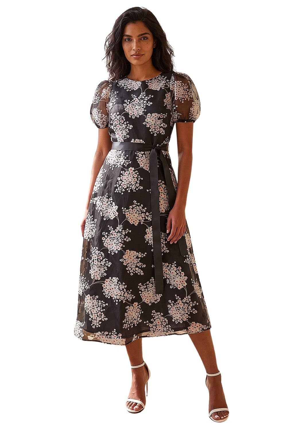 Roman Originals Women's Black Floral Organza Belted Dress For Uk - Everyday Holiday Spring Summer Round Neckline Comfy Soft Evening Vacation Work Party - Size 12