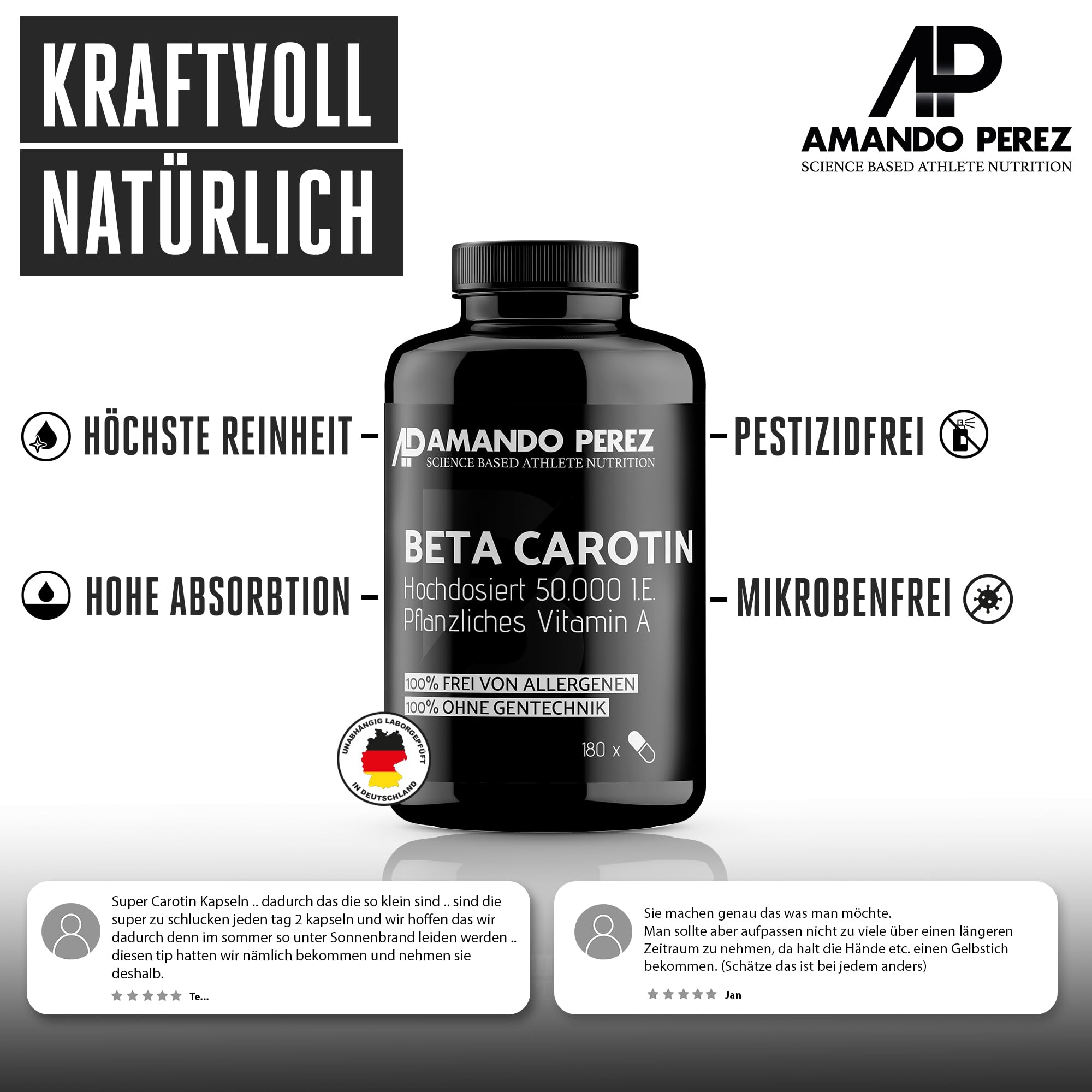 Amando Perez Beta Tan+ Bräunungskapseln Hochdosiert 50.000 I.E. – 180 Softgels – Natürliches Beta Carotin aus Dunaliella salina – Provitamin A – Vegan – Vorrat für 720 Tage