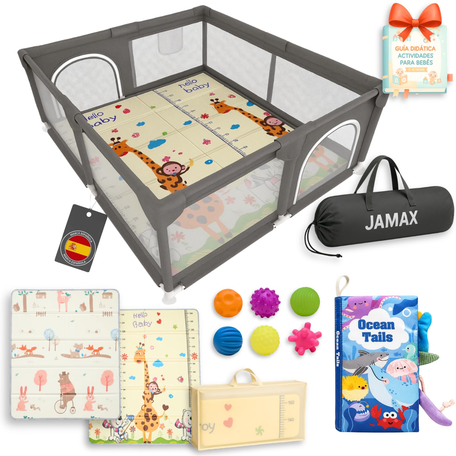 Parque Infantil Bebe JAMAX | Corralito bebe | Parque bebe Alfombra Acolchada Reversible 1,5 cm de Grosor + 6 Pelotas Sensoriales + Libro Sensorial + Bolsa transporte (150x180 Libro Sensorial)