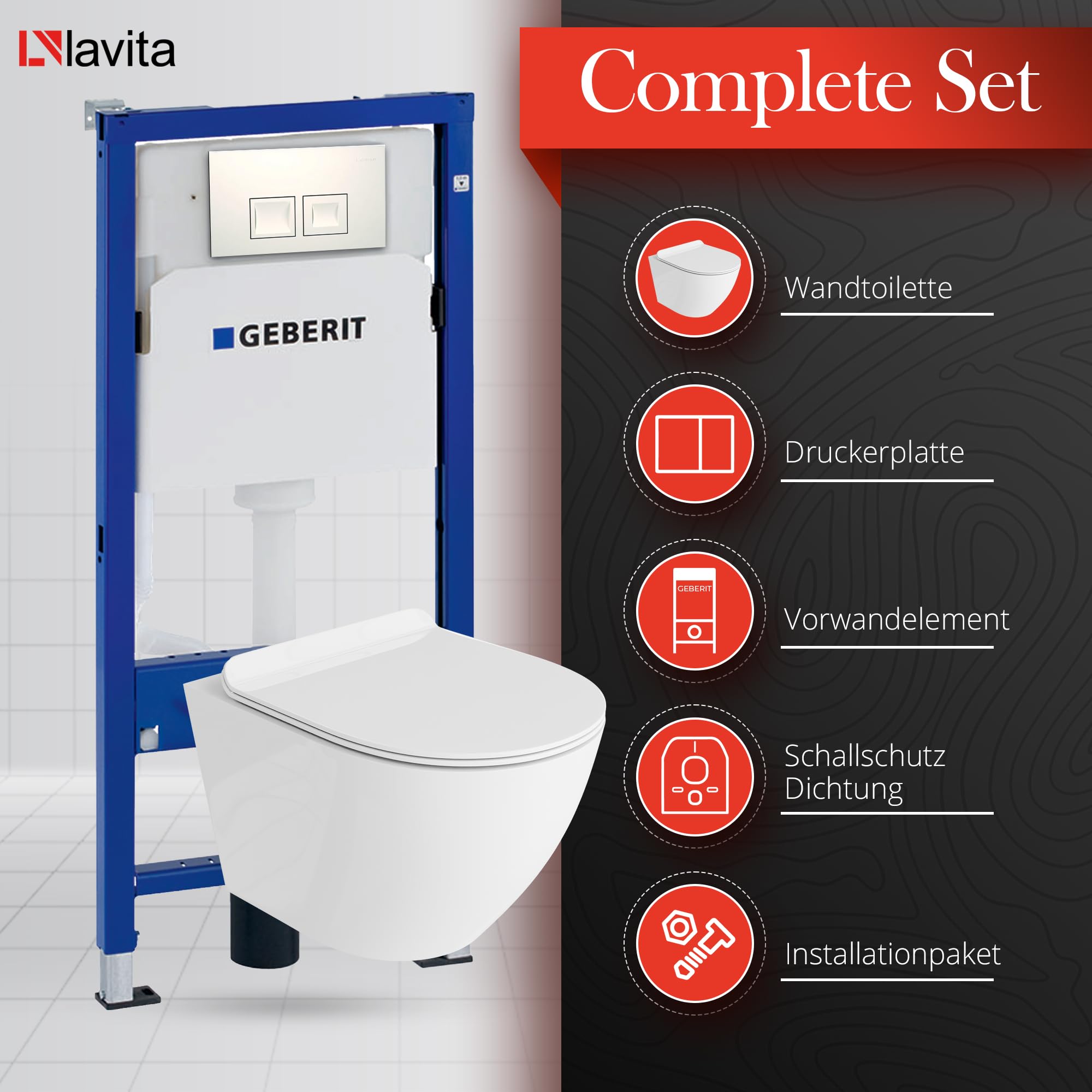 Lavita Duofix Basic Elemento de pared+Inodoro de descarga profunda Sofi Blanco Sin reborde+Asiento de inodoro con cierre automático+Botón blanco Juego completo Cisterna empotrada Juego completo WC