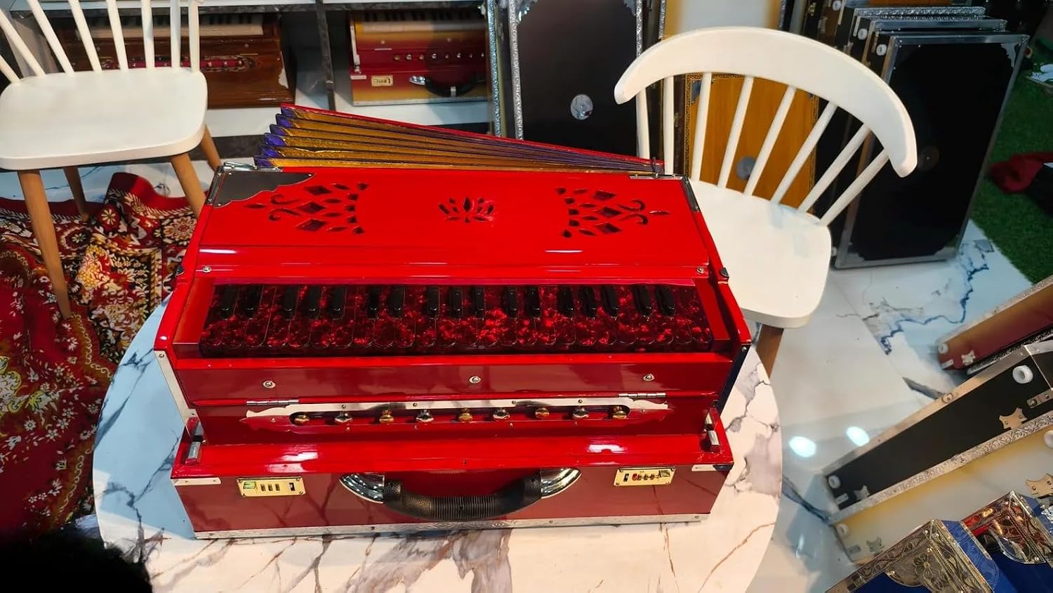 NamasteHimalayas Red Beauty 2-Reed Harmonium – Premium Segment 3.5 Octave Bass Male Model With Soothing Sound, Best for Yoga, Meditation, Events, Concerts