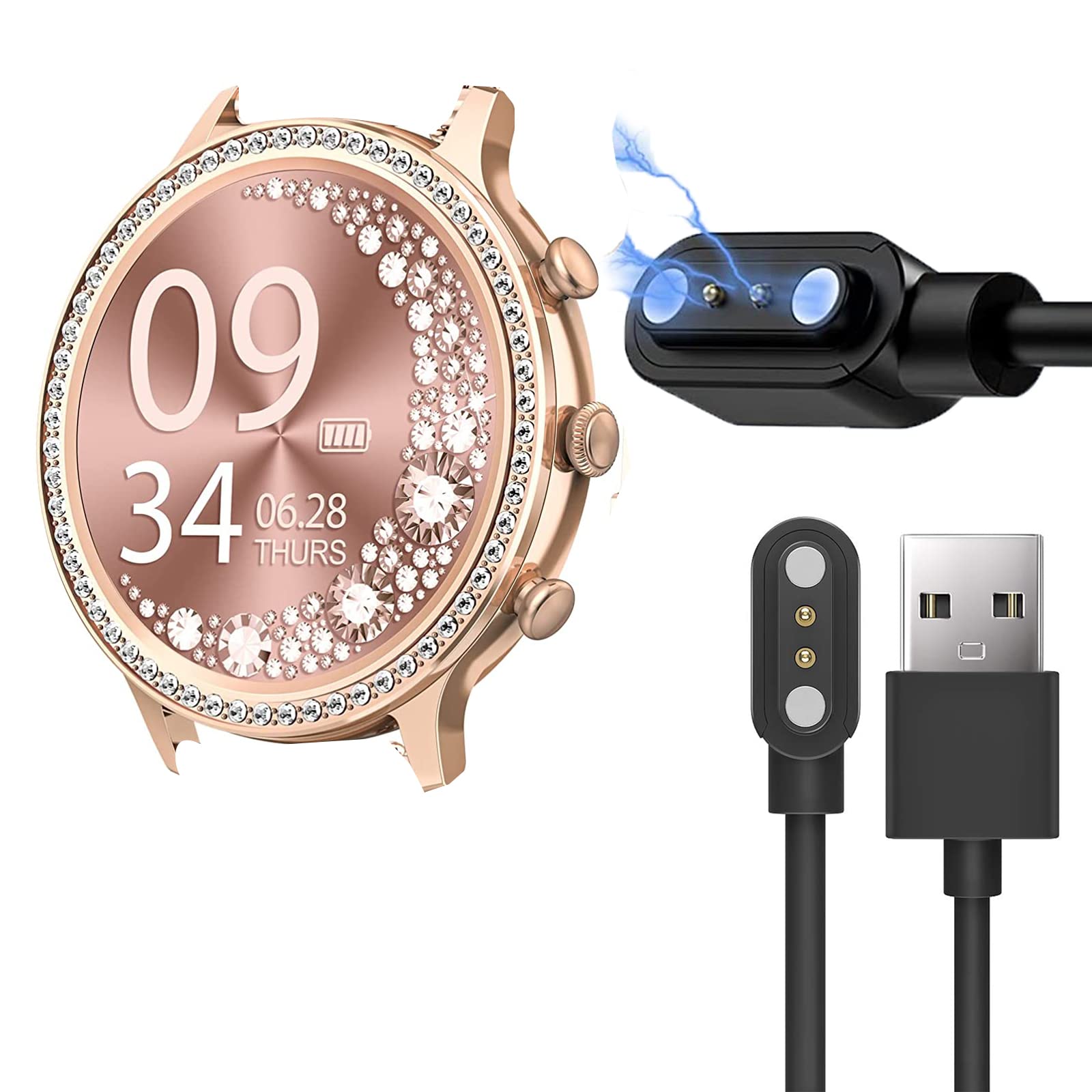 Lamshaw 2 Pack Black+Black USB Charger for AKUMAKA i70 1.32'' Women Smartwatch / Iaret i70 1.32'' Smart Watch (2 Pin Magnetic, Micro USB, 18W)