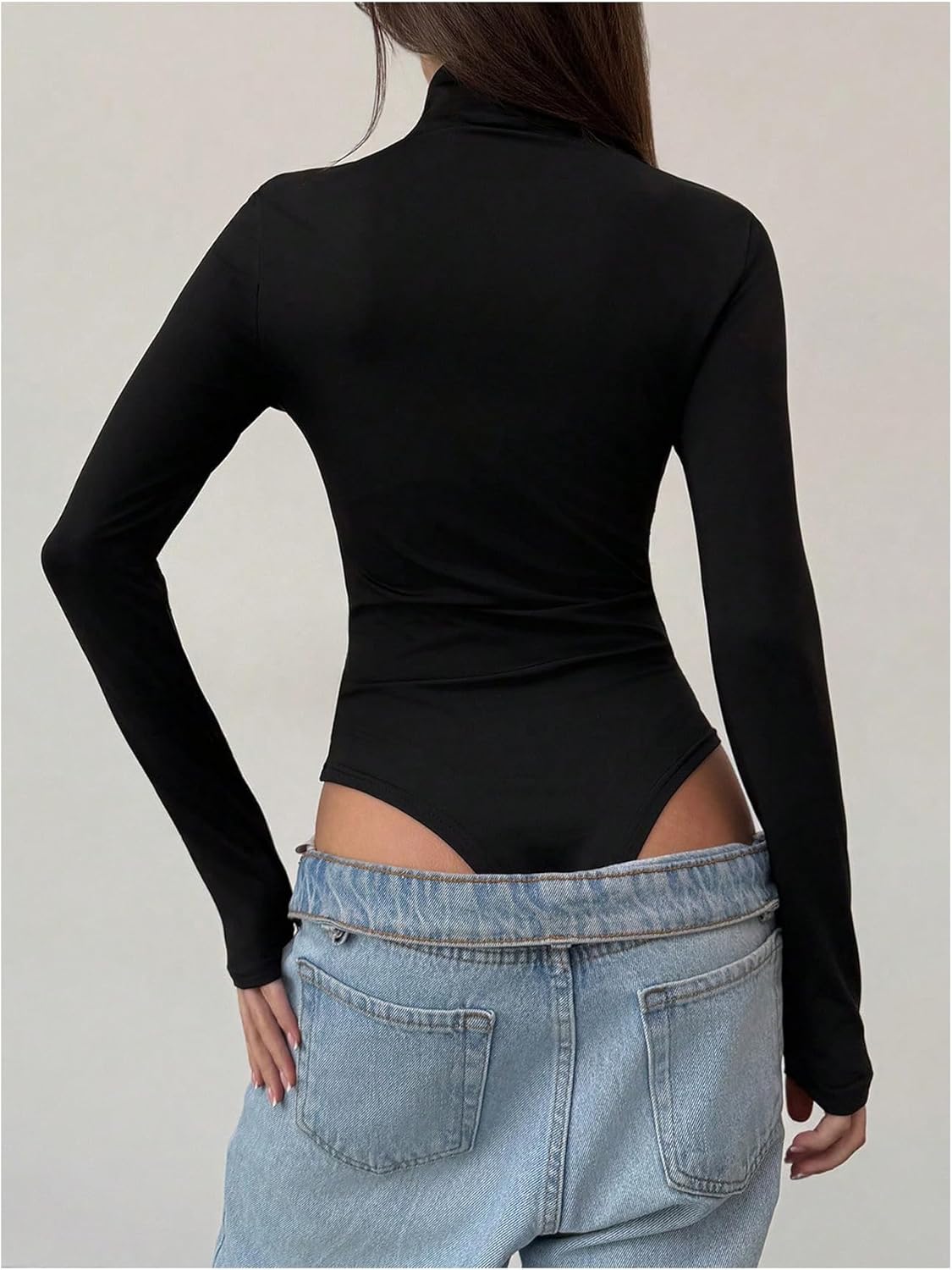 Milumia Women's Y2k Mock Turtleneck Long Sleeve Bodysuit Metal Ruched Going Out Leotard Tops - Image 3