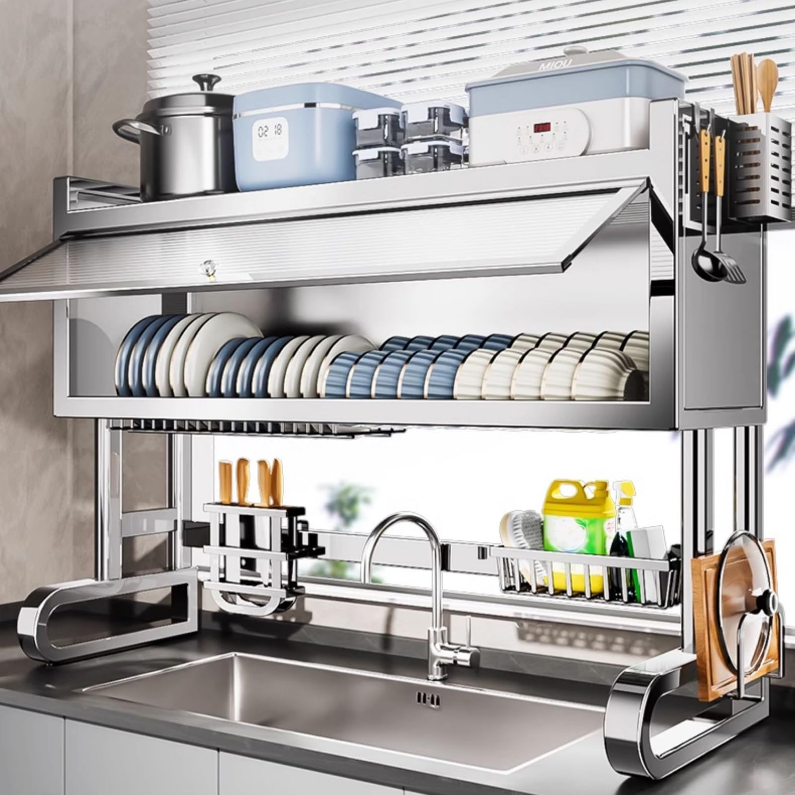 Escurridor de platos de cocina que ahorra espacio, nizador multifuncional de 2 niveles para platos, platos y utensilios y solución de almacenamiento elegante