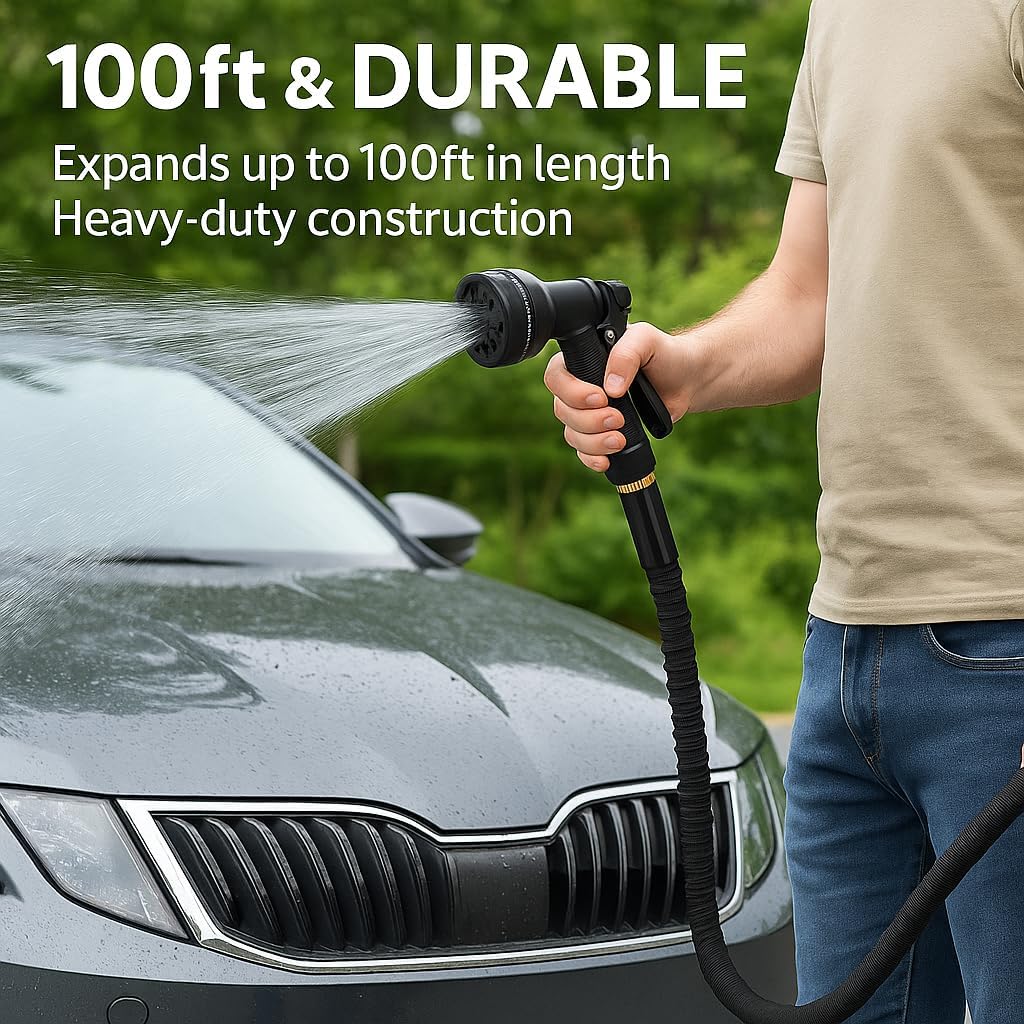 100FT Garden Hose with 8 Spray Nozzle – Lightweight, Kink-Free, Leakproof Flexible Water Hose for Yard, Lawn & Car Wash