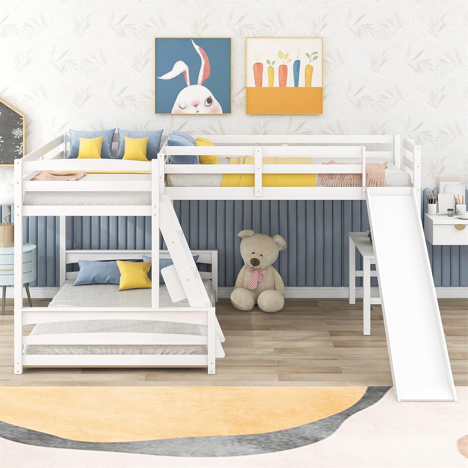 Triple Bunk Beds with Slide L-Shape Twin Over Full Low Bunk Bed Attached a Loft Bed with Desk Wood Corner Bunked for 3 Kids Boys Girls Teens, White