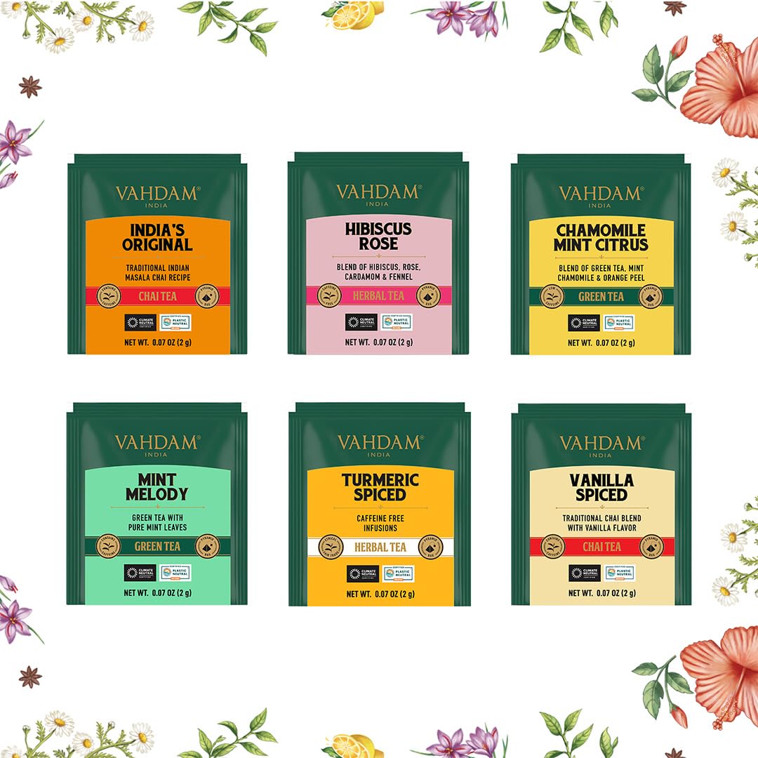 VAHDAM Assorted Tea Gift Set (6 Variety, 30 tea Bags) | Ecofriendly Tea Bags | Christmas Tea Gifts for Women & Men