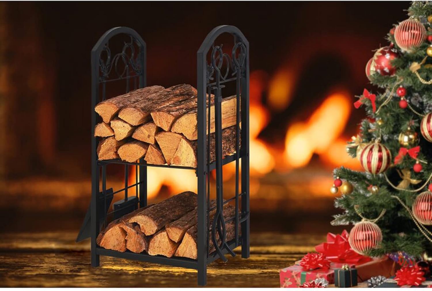 2 Tier Firewood Log Rack with Fireplace Tools Firewood Storage Rack Indoor Outdoor Firewood Storage Rack Poker Rake Shovel Brush