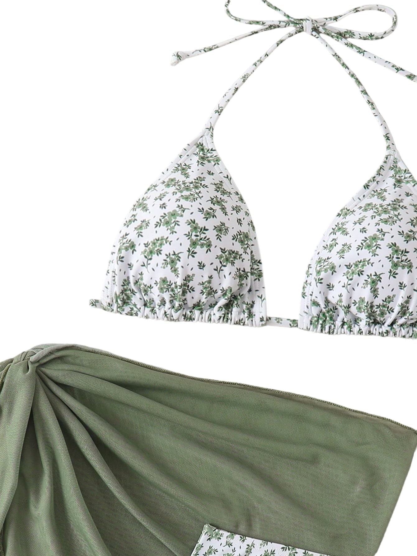 GORGLITTER Conjunto de bikini para mujer de 3 piezas con estampado floral, con cuello halter y falda cubierta