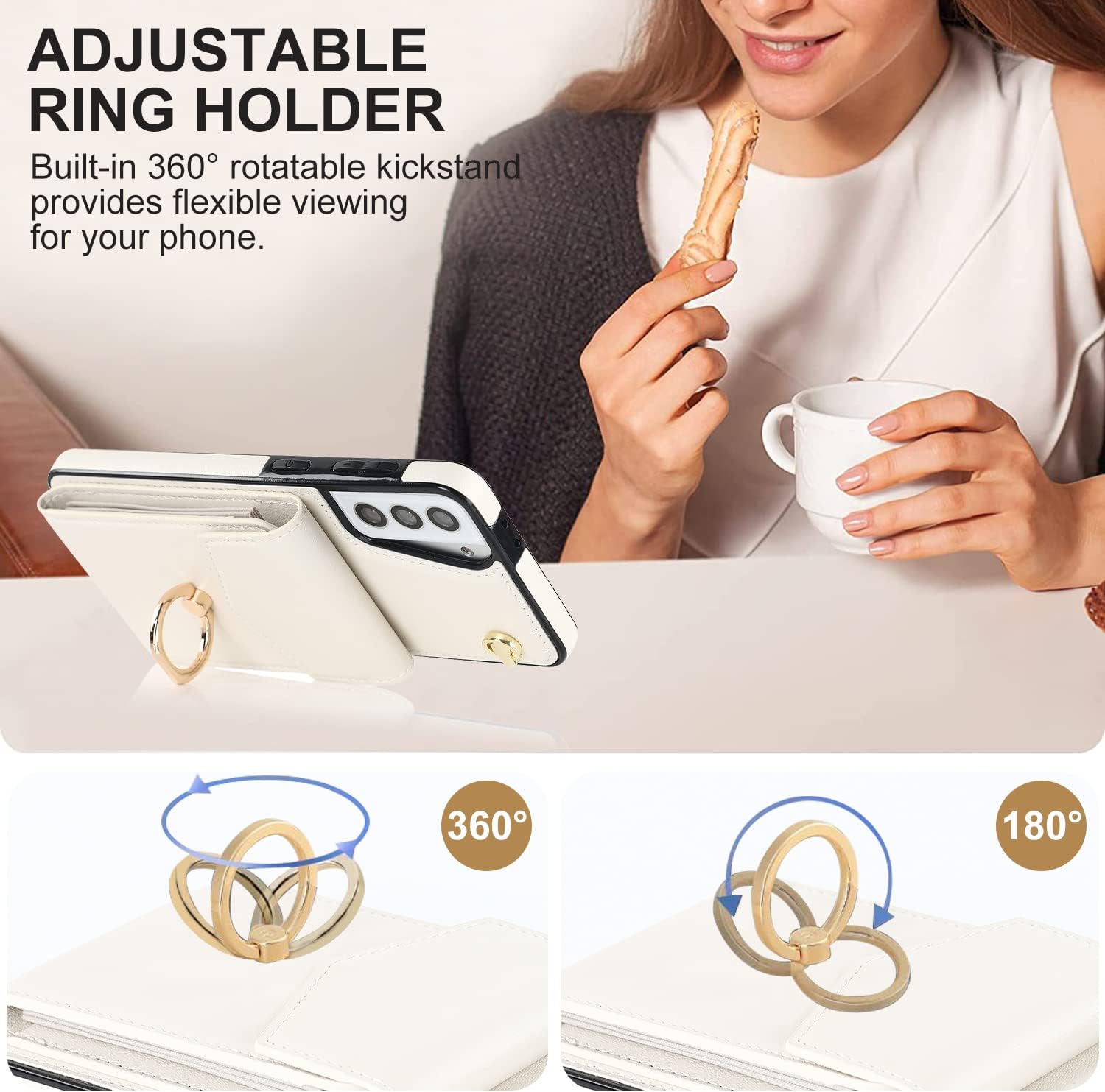 for Samsung Galaxy S21 Plus Case 5G 6.7 inch, Minimalist Wallet Case with Ring Kickstand and Shoulder Strap, Shockproof Stylish Protective Cover for Galaxy S21 Plus -White
