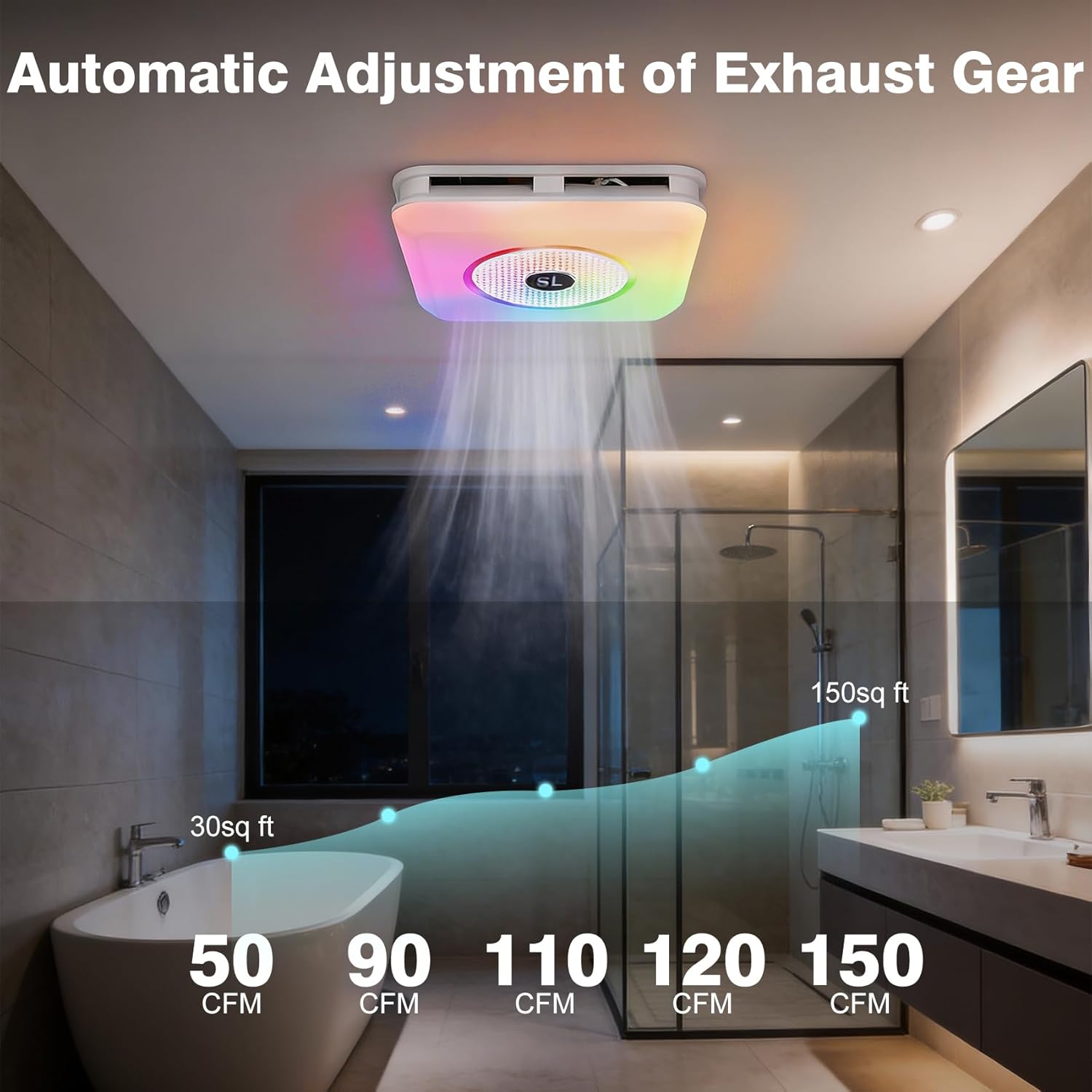 Bathroom Exhaust Fan with Bluetooth Speaker & LED Light, 230 CFM 0.1 Sone Ultra-Quiet, 7-Color RGB & 3CCT Adjustable, Music Sync, Humidity Sensor, Remote Control, Easy Install